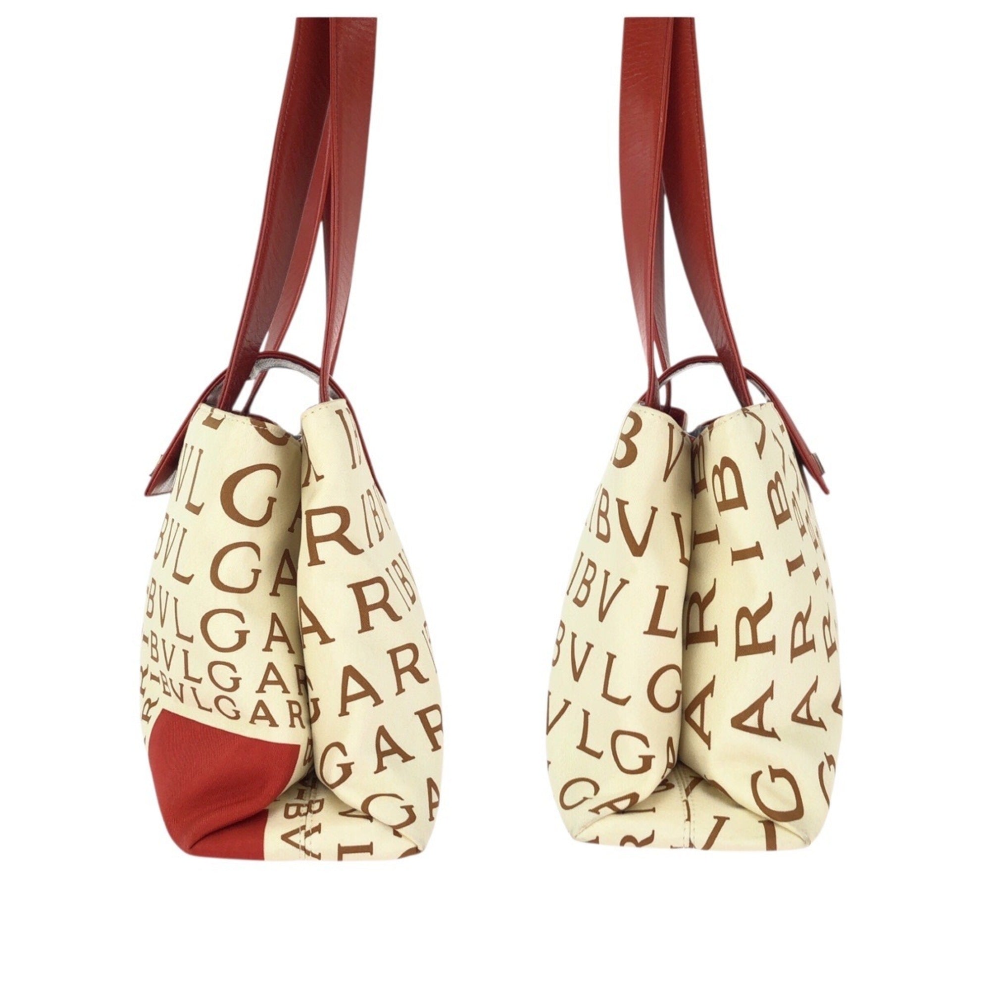 Bvlgari Ivory Red Color Canvas Leather Shoulder Bag Tote Bag (Pre-Owned)