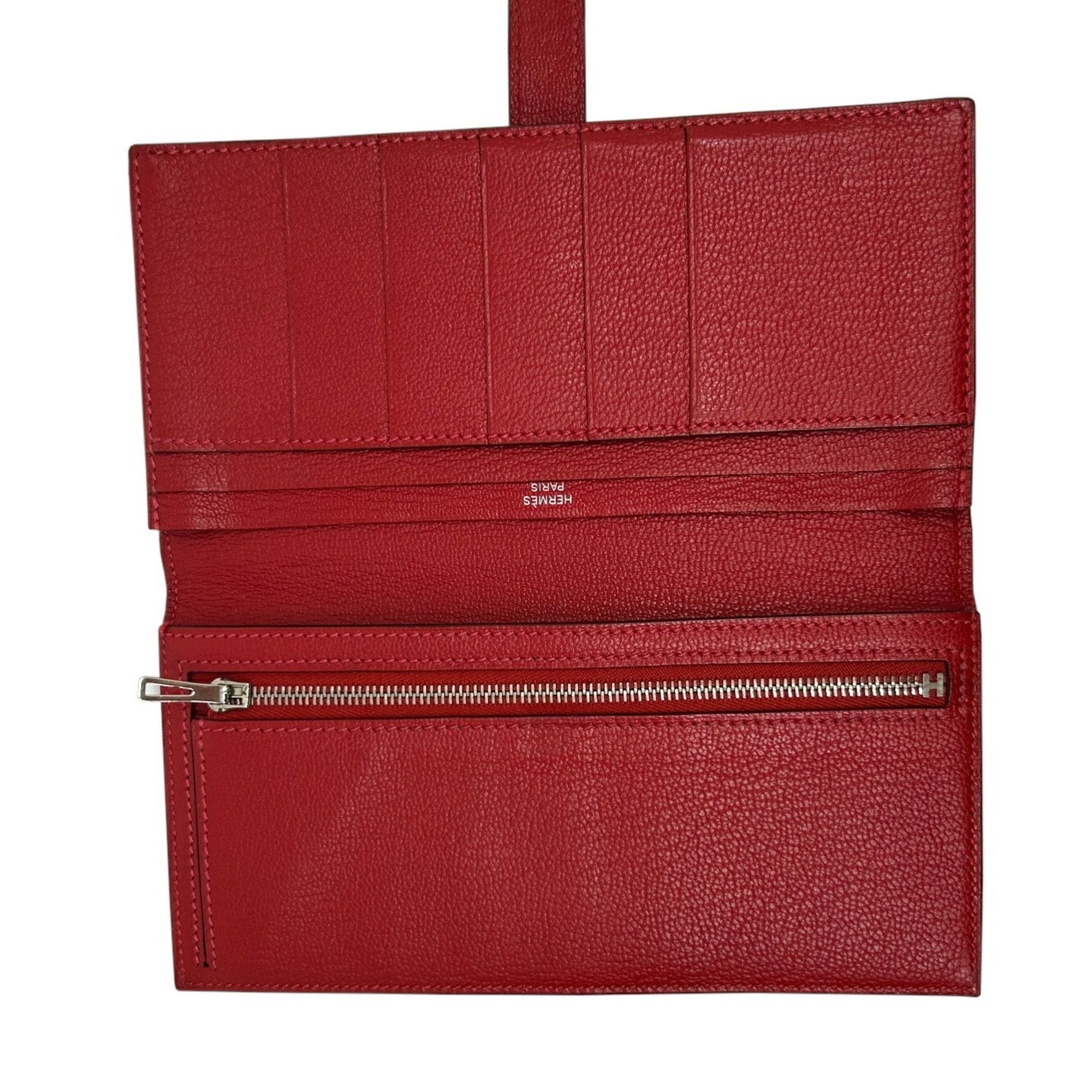Hermes Bicolor Rouge Garance Chevre Leather Long Wallet (Bi-Fold) (Pre-Owned)
