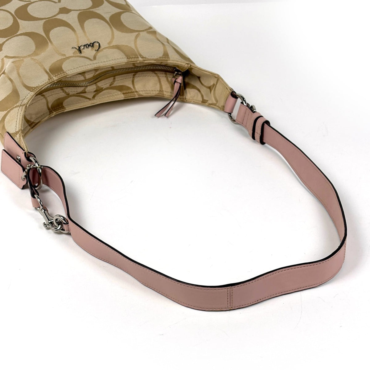 Coach Signature Beige Pink Canvas Leather Shoulder Bag (Pre-Owned)