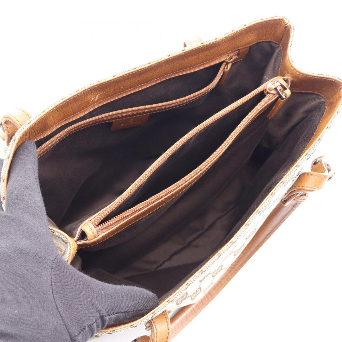 Gucci Beige Brown Canvas Leather Handbag Tote Bag (Pre-Owned)