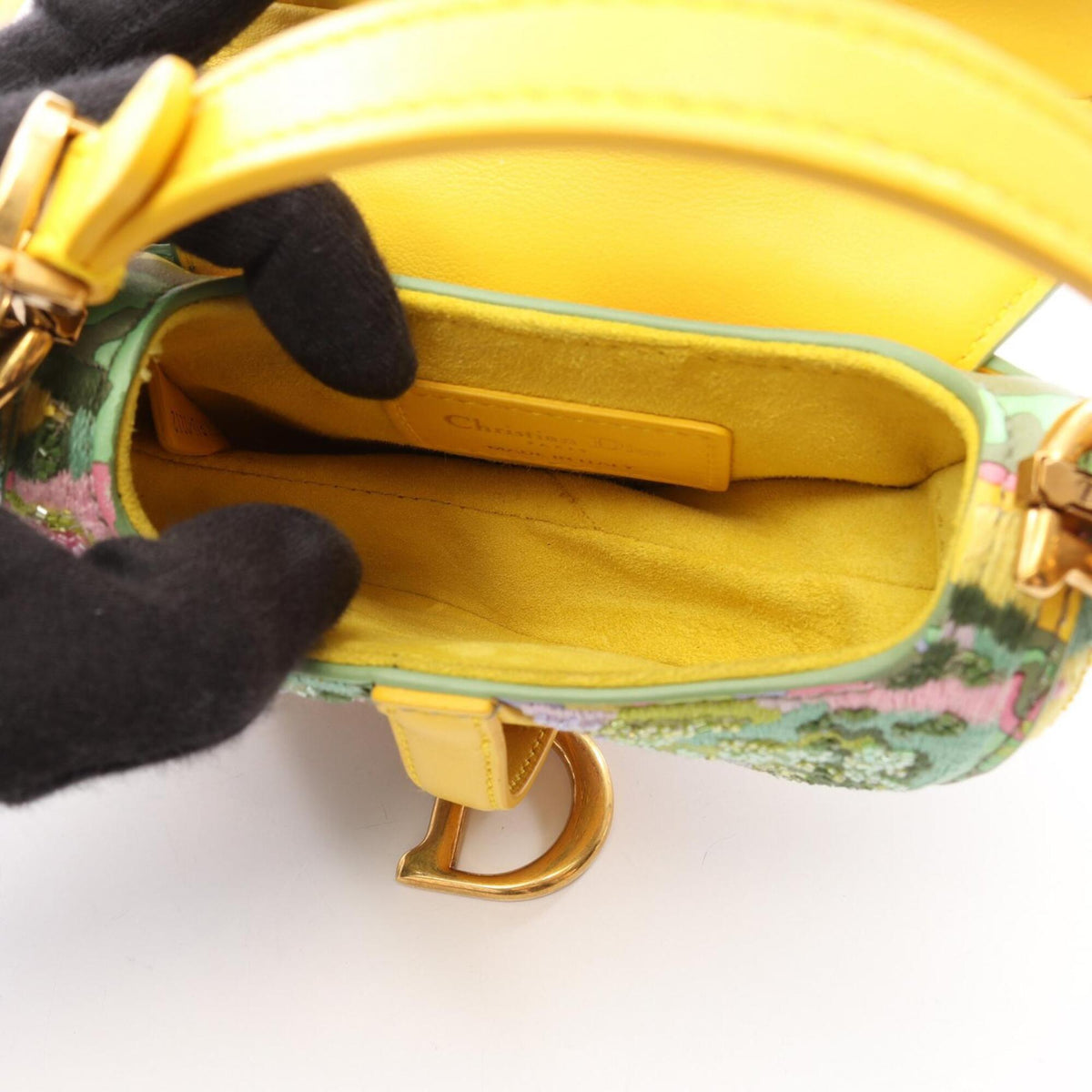 Christian Dior Green Green Multi-Color Yellow Leather Fabric Handbag Saddle Bag (Pre-Owned)