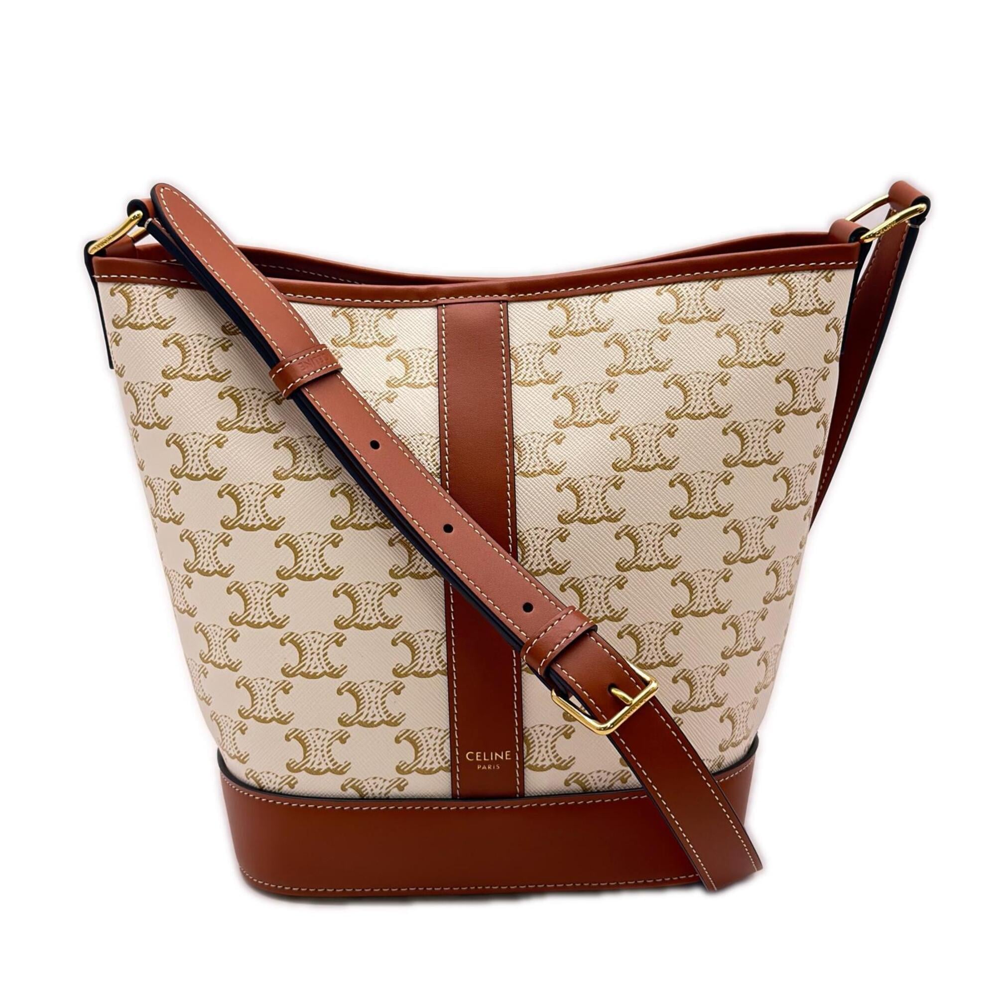 Celine Beige White Coated Canvas Leather Shoulder Bag (Pre-Owned)
