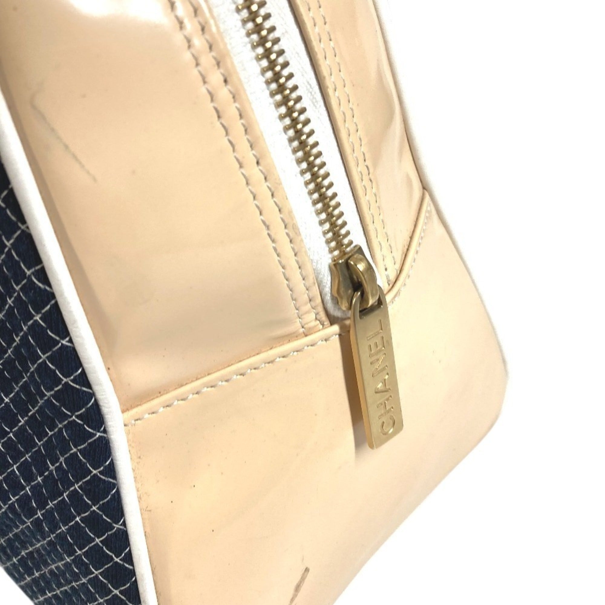 Chanel Navy White Canvas Boston Bag Shoulder Bag Sports Bag Tote Bag (Pre-Owned)