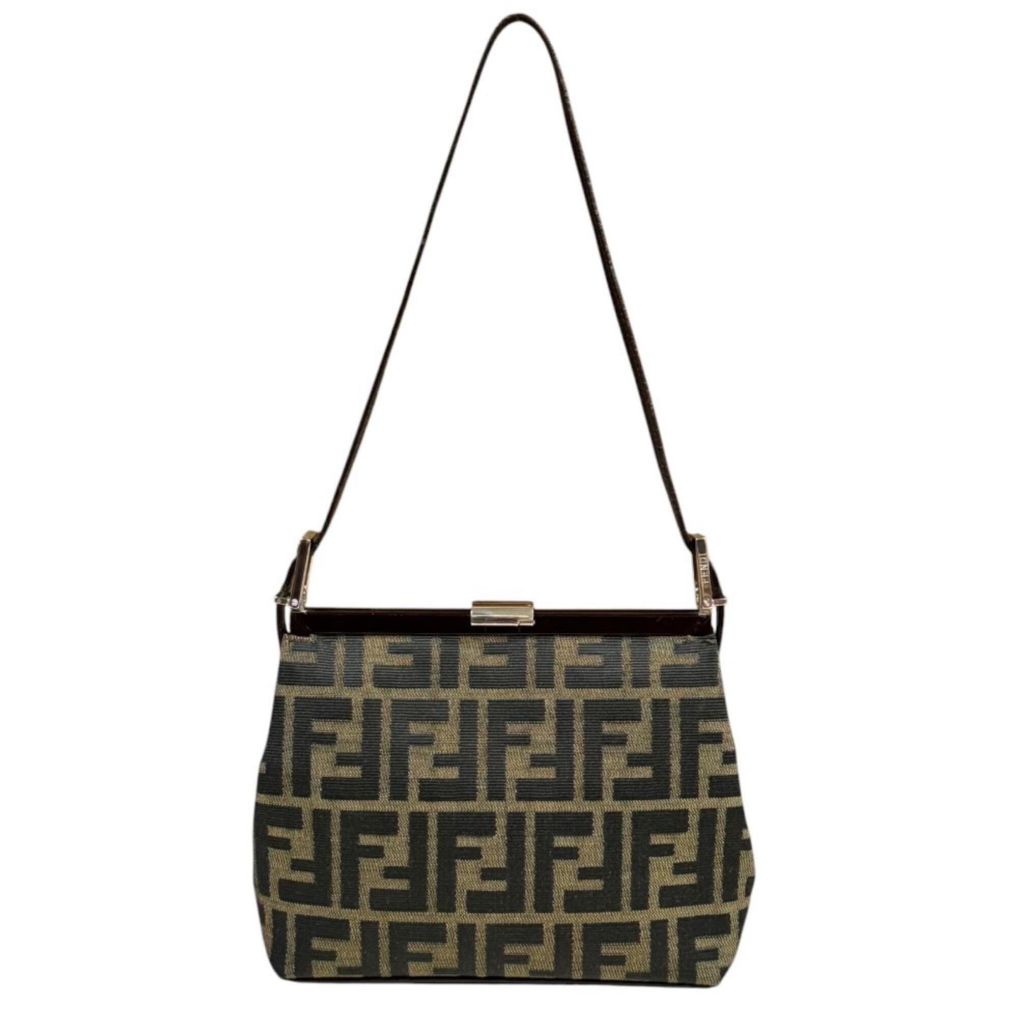 Fendi Zucca Black Brown Canvas Handbag Shoulder Bag (Pre-Owned)