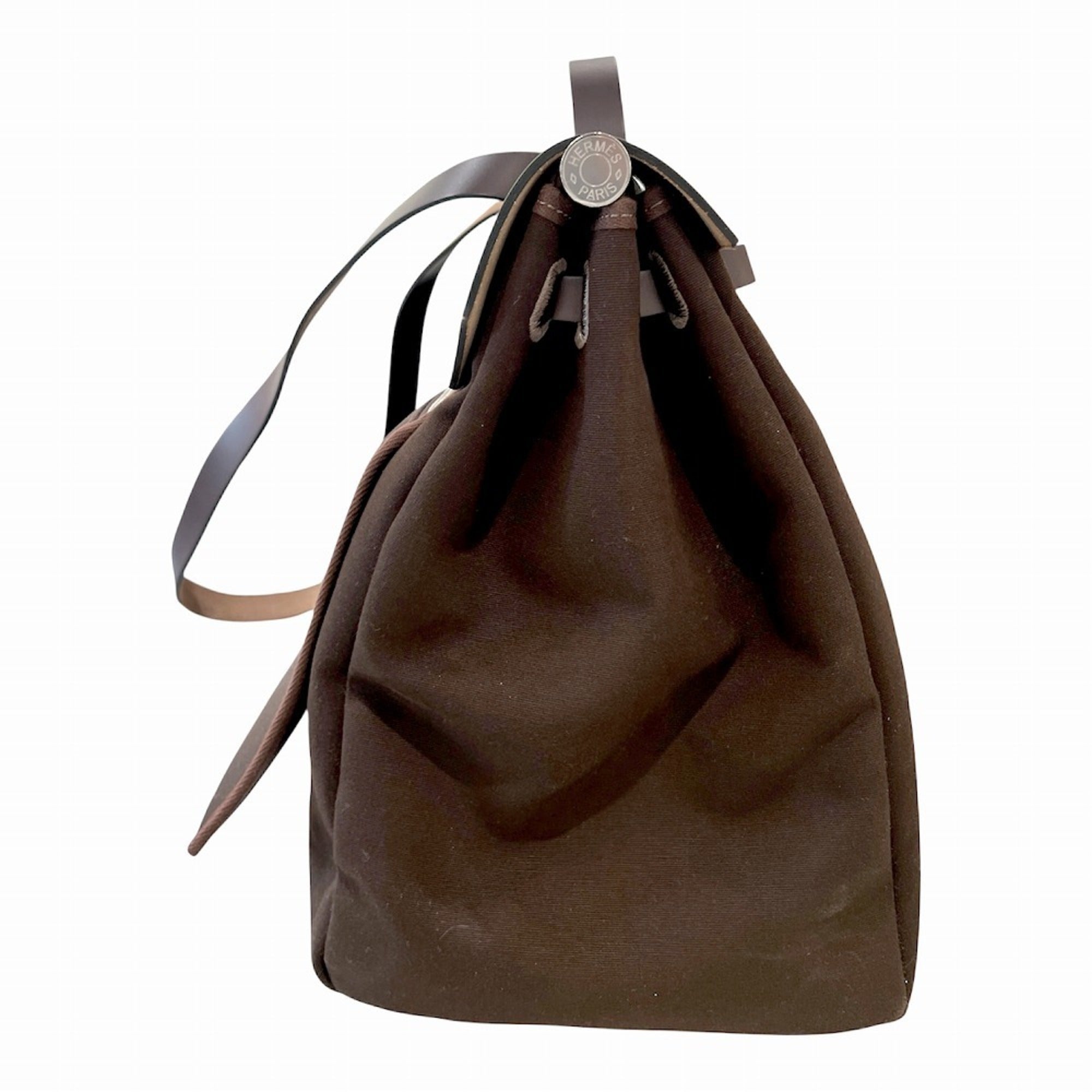 Hermes Brown Canvas Leather Pouch Tote Bag (Pre-Owned)