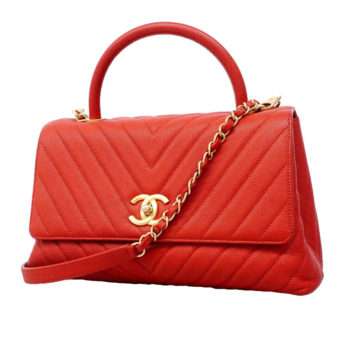 Chanel Red Color Grained Calfskin Handbag (Pre-Owned)