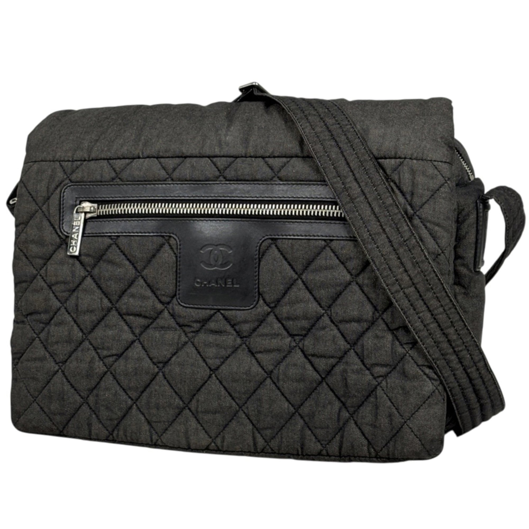 Chanel Dark Gray Canvas Leather Shoulder Bag (Pre-Owned)