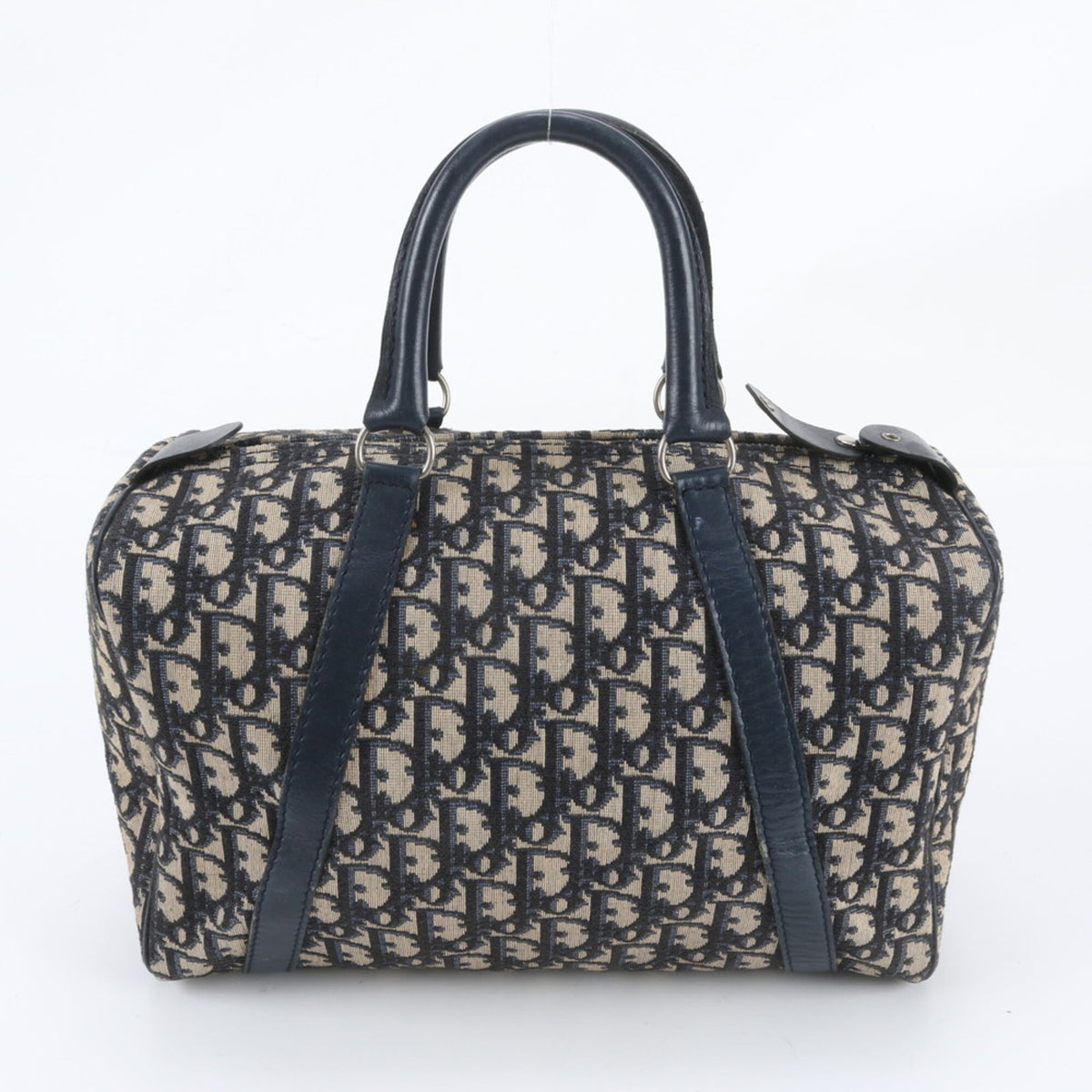 Christian Dior Navy Leather Canvas Boston Bag Handbag Tote Bag (Pre-Owned)
