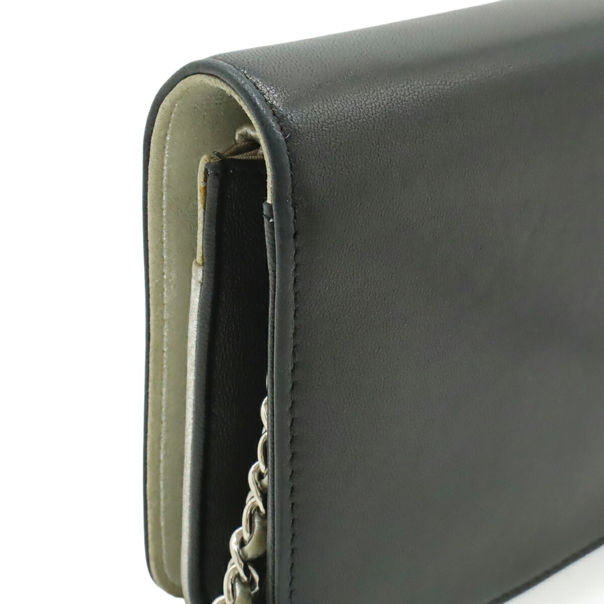 Chanel Black Metallic Silver Leather Chain/Shoulder Wallet (Pre-Owned)