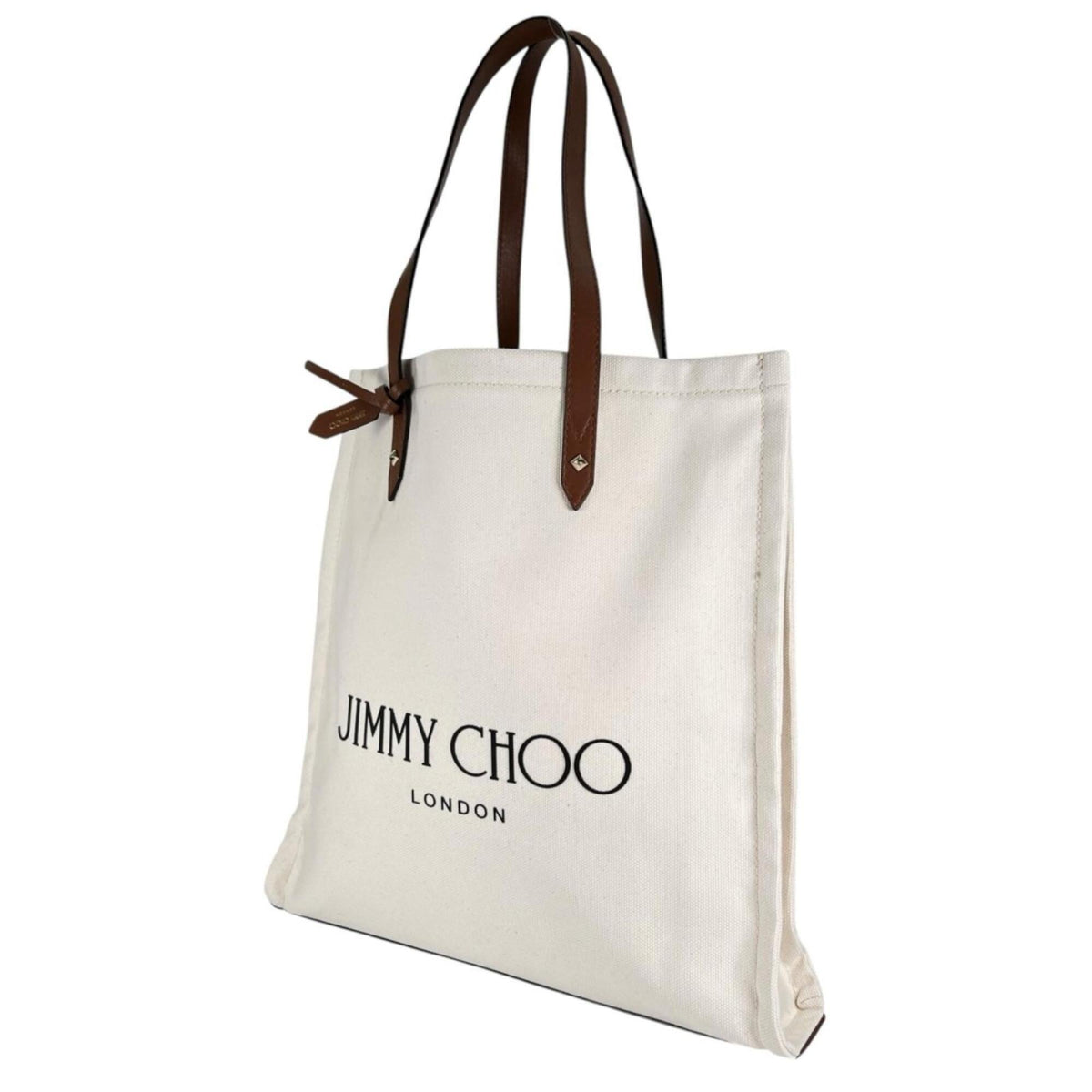 Jimmy Choo Brown White Canvas Leather Tote Bag (Pre-Owned)