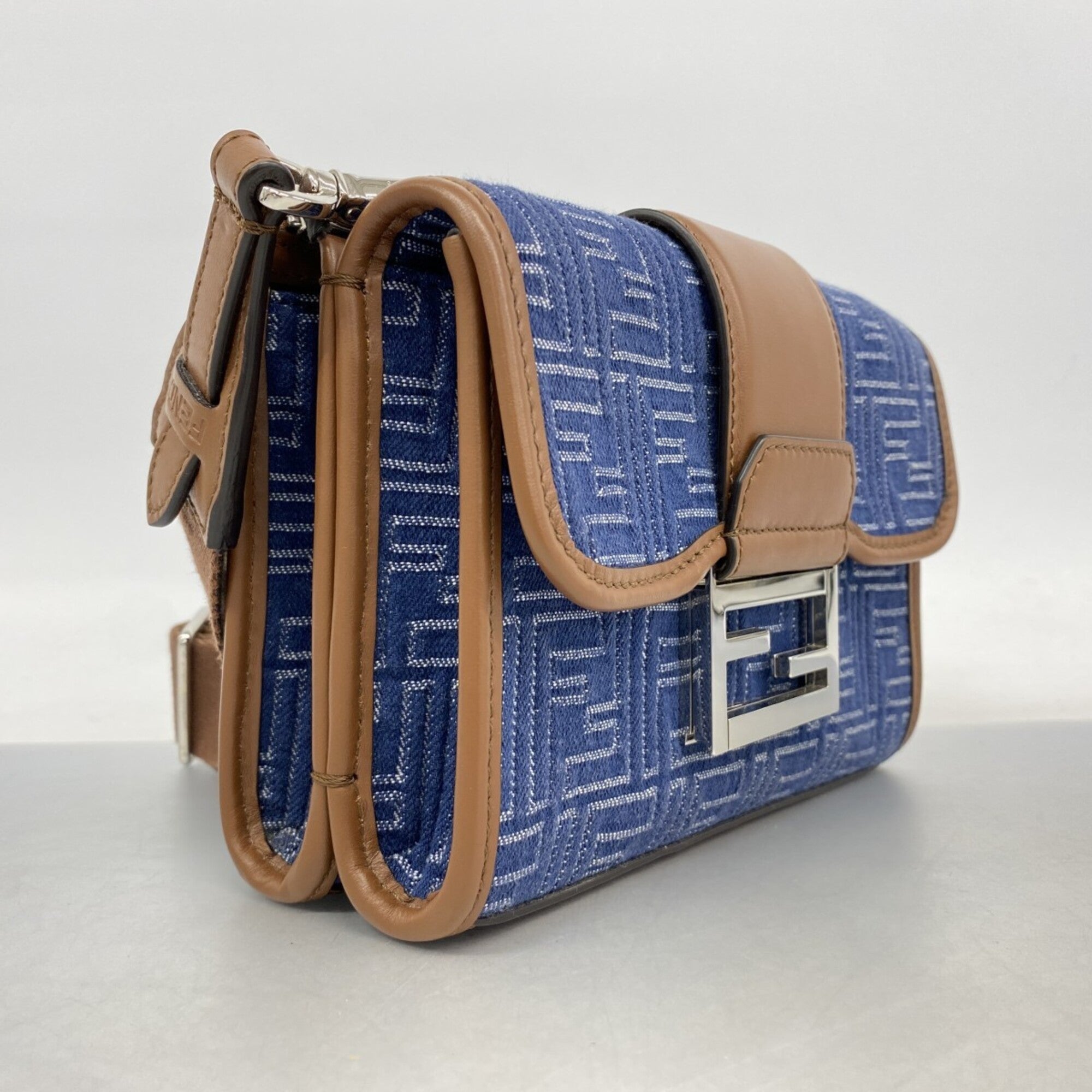 Fendi Blue Brown Leather Denim Denim Shoulder Bag (Pre-Owned)