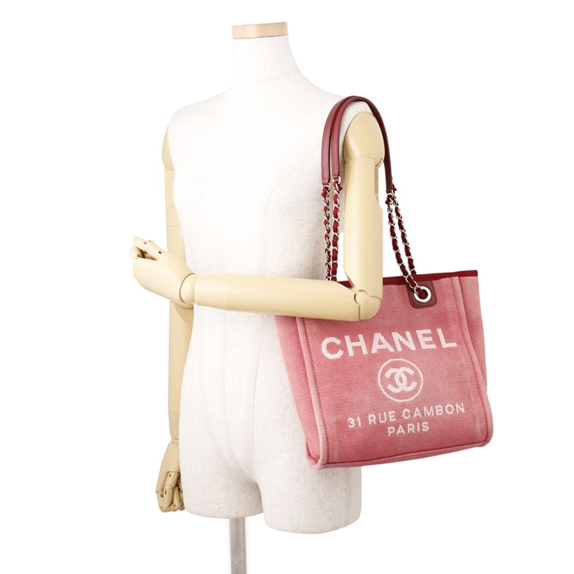 Chanel Pink Red Canvas Leather Handbag Tote Bag (Pre-Owned)