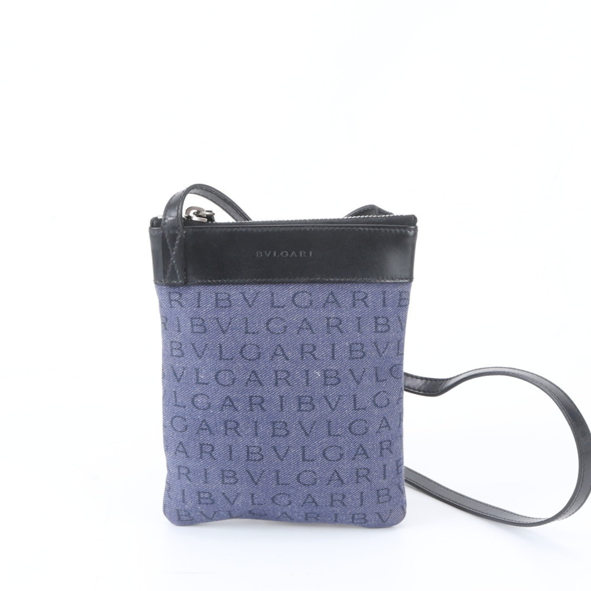 Bvlgari Black Blue Leather Canvas Shoulder Bag (Pre-Owned)