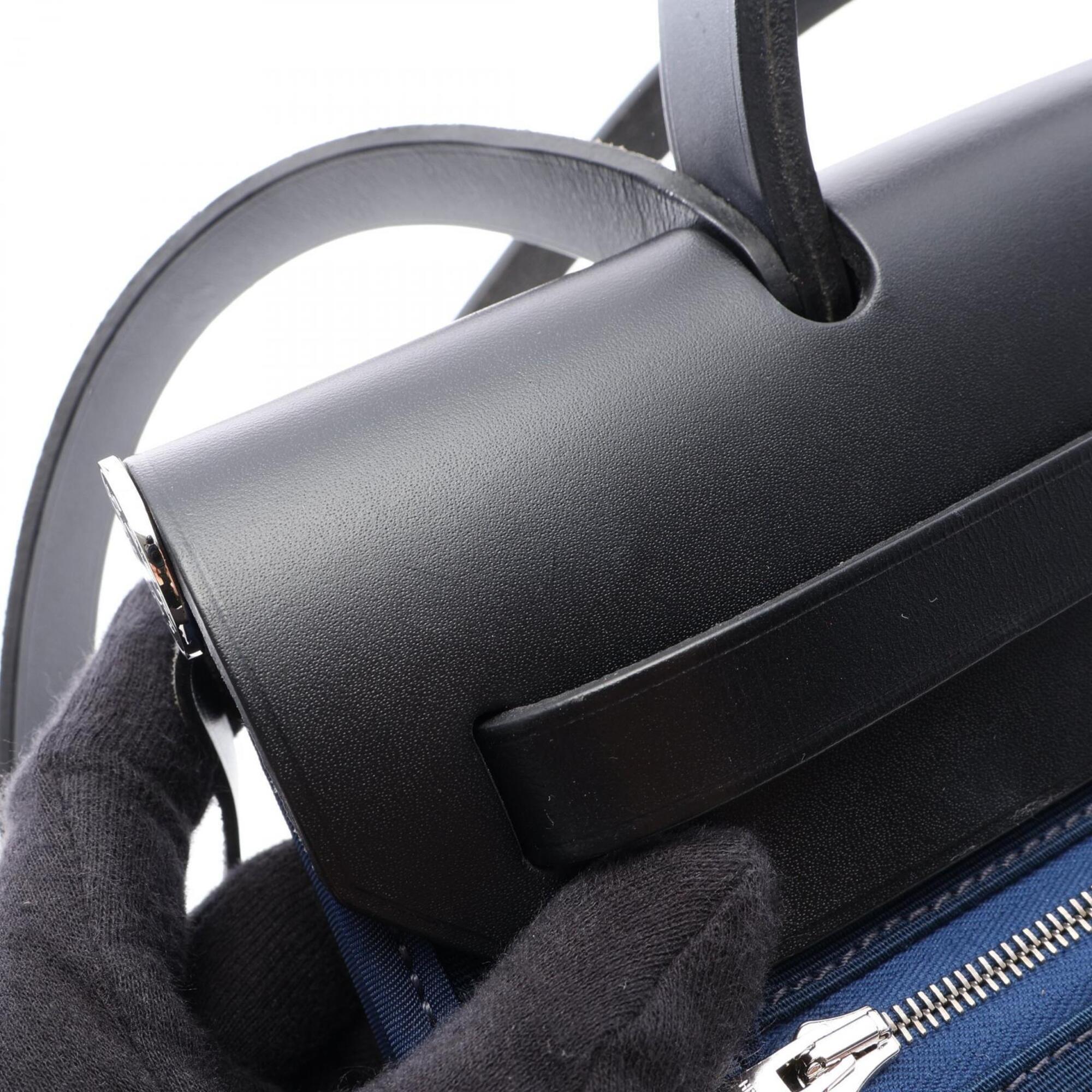 Hermes Black Navy Canvas Leather Handbag (Pre-Owned)