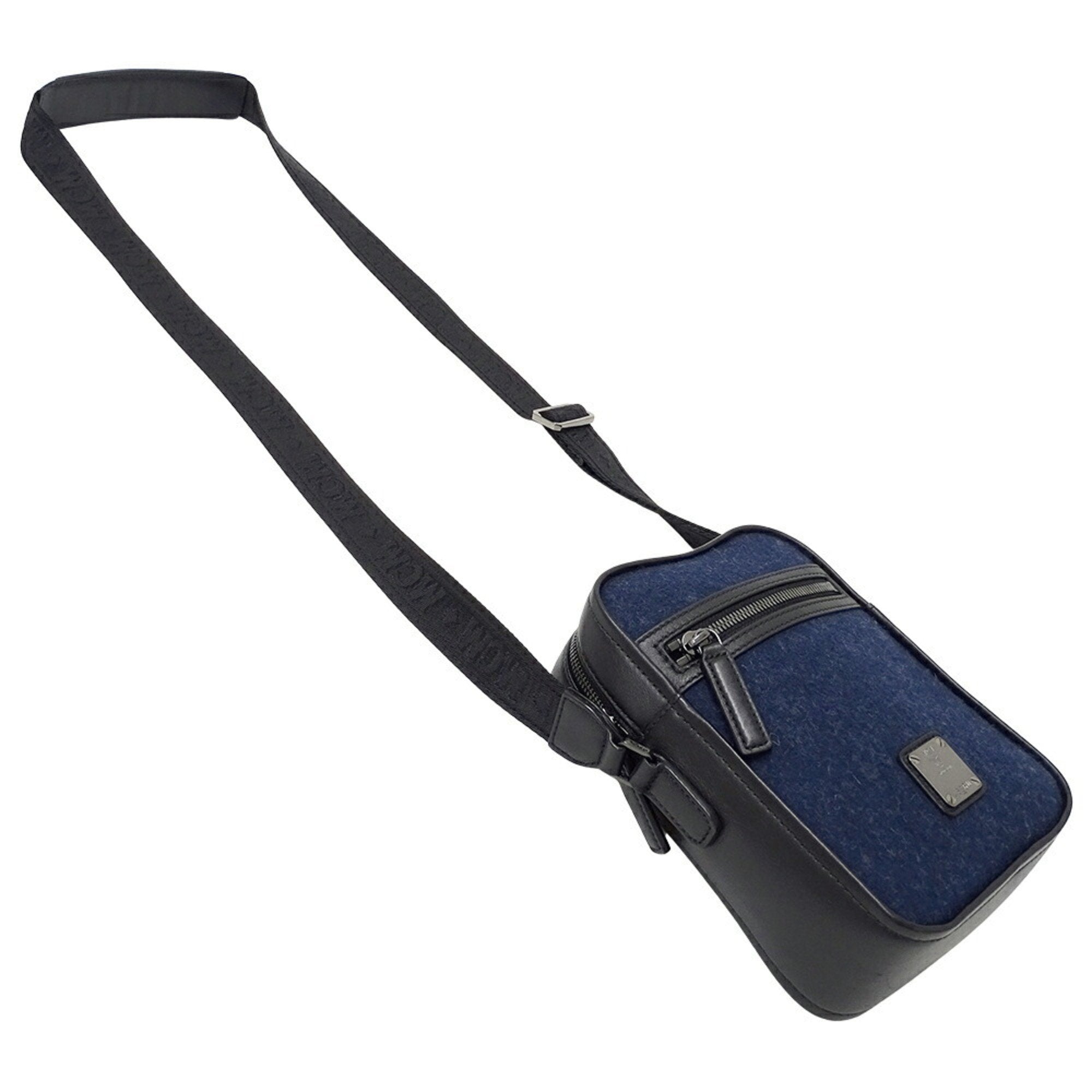 Mcm Navy Black Wool Leather Shoulder Bag (Pre-Owned)