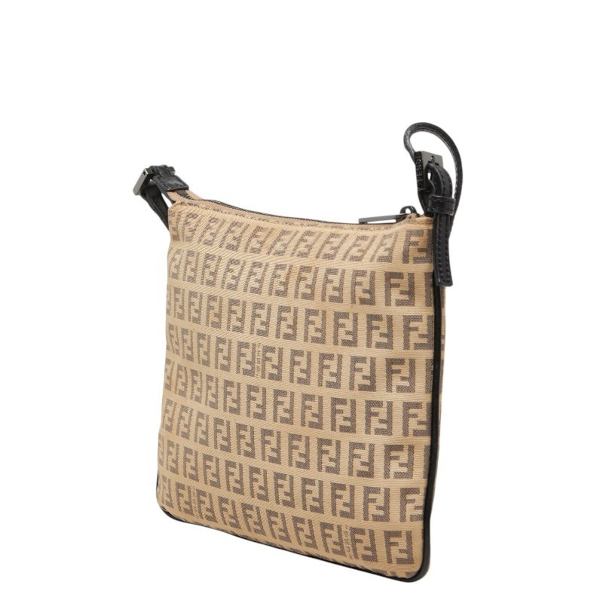 Fendi Zucchino Beige Canvas Leather Shoulder Bag (Pre-Owned)
