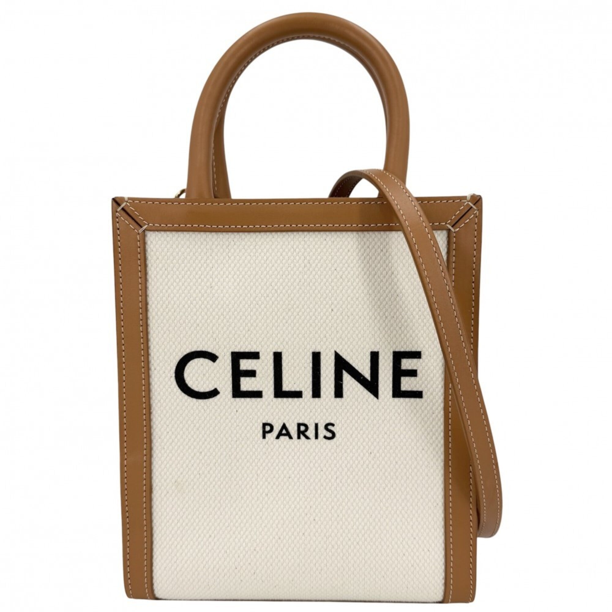 Celine Brown Ivory Canvas Leather Handbag Shoulder Bag (Pre-Owned)