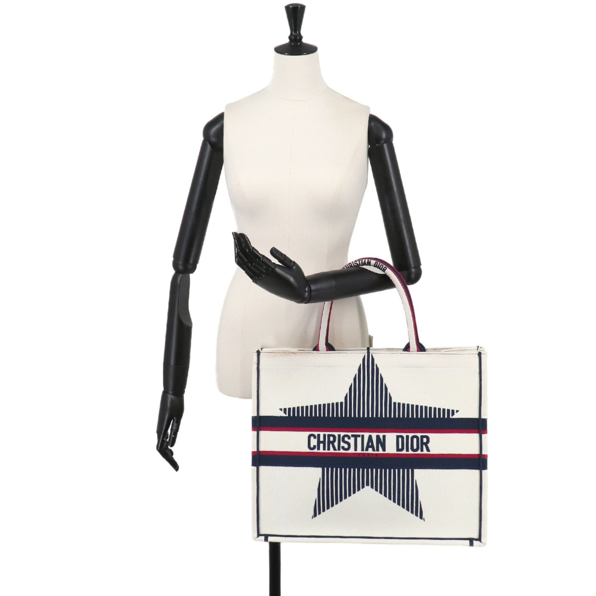 Christian Dior Navy Red Color White Canvas Handbag Tote Bag (Pre-Owned)