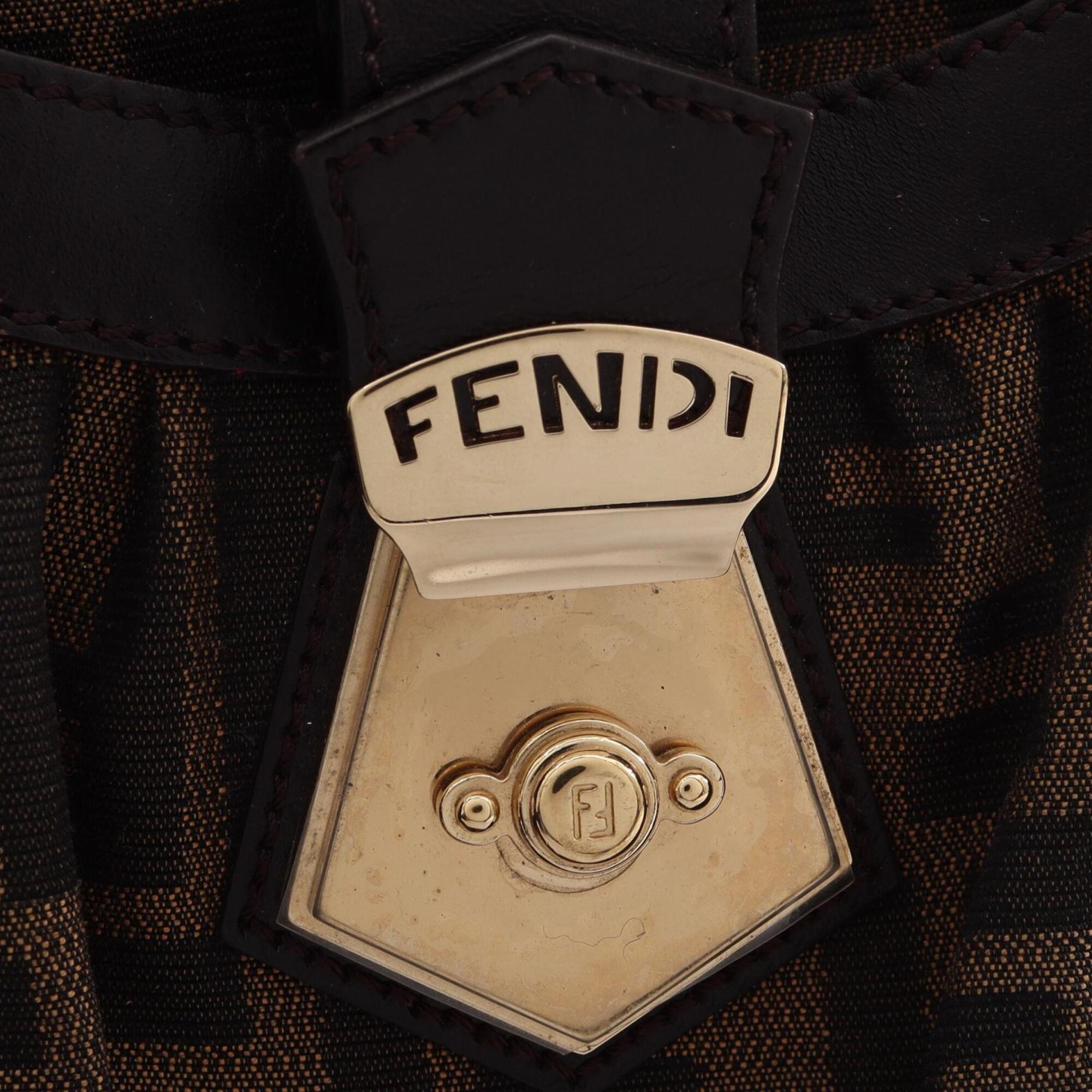 Fendi Beige Black Brown Canvas Leather Handbag (Pre-Owned)