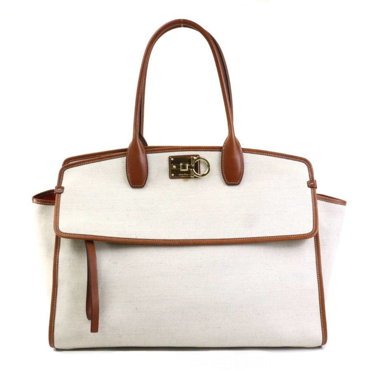 Salvatore Ferragamo Brown Ivory Canvas Leather Handbag (Pre-Owned)