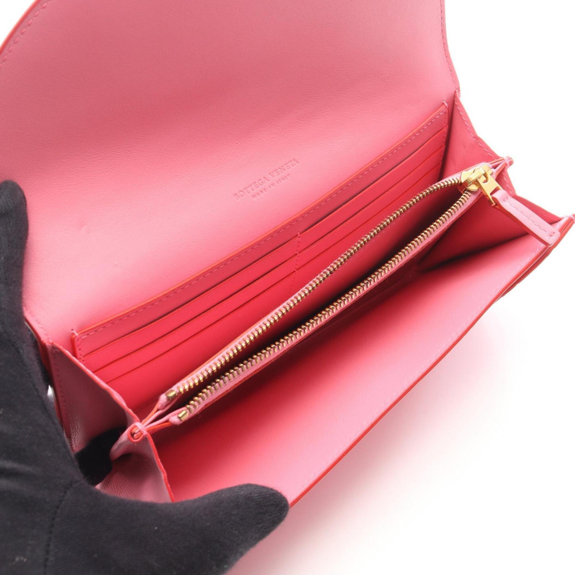 Bottega Veneta Intrecciato Pink Red Color Leather Long Wallet (Bi-Fold) (Pre-Owned)