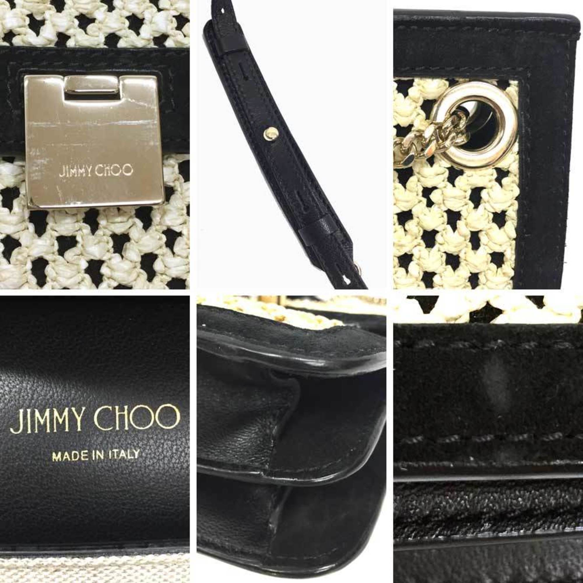 Jimmy Choo Beige Black Leather Straw Shoulder Bag (Pre-Owned)