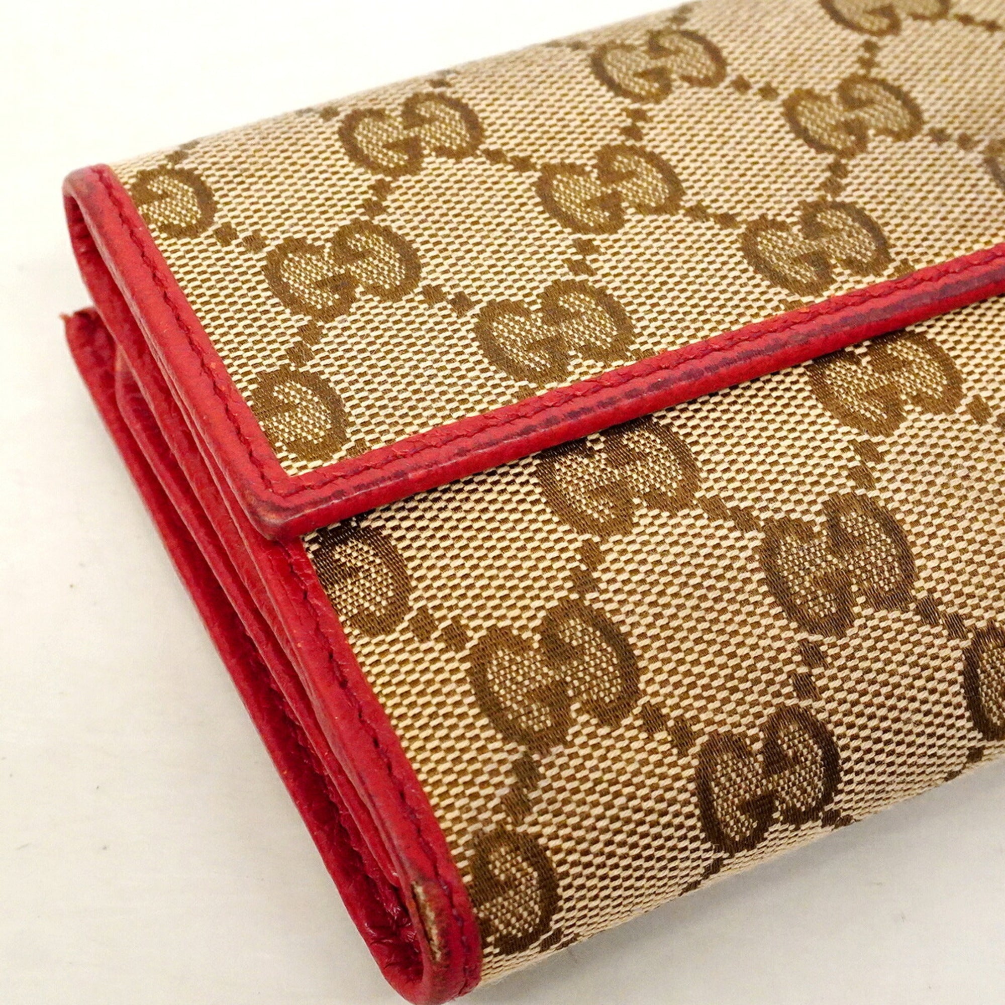 Gucci Beige Red Color Canvas Long Wallet (Bi-Fold) (Pre-Owned)
