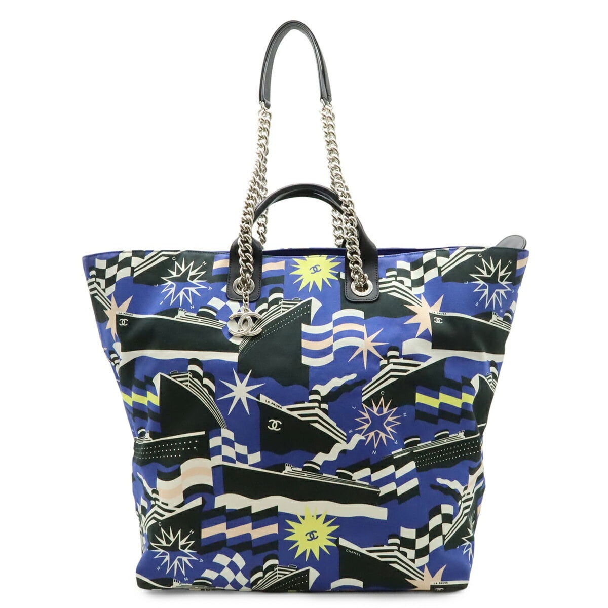 Chanel Black Blue Multi-Color Canvas Shoulder Bag Tote Bag (Pre-Owned)
