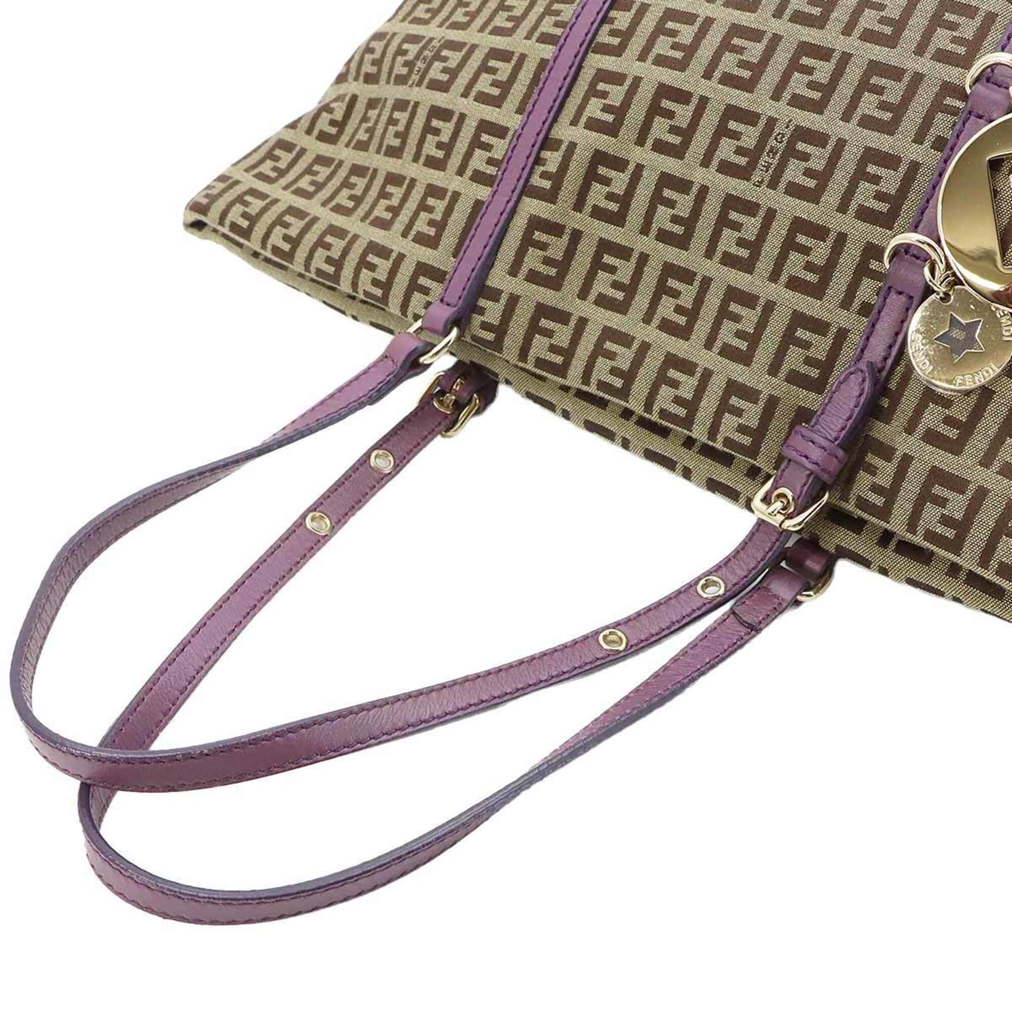 Fendi Beige Purple Canvas Leather Handbag Tote Bag (Pre-Owned)