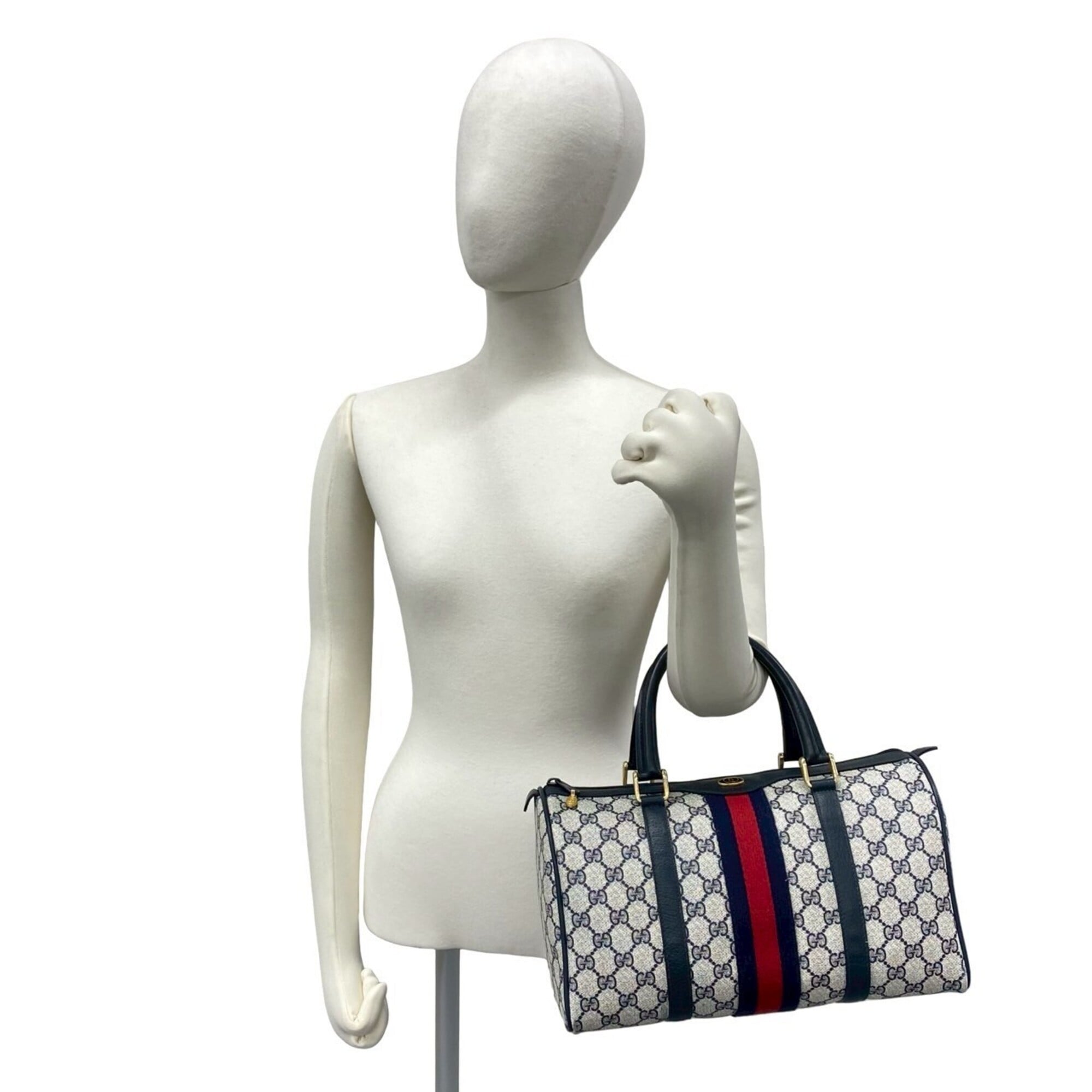 Gucci Navy Red Color Leather Pvc Boston Bag Handbag (Pre-Owned)