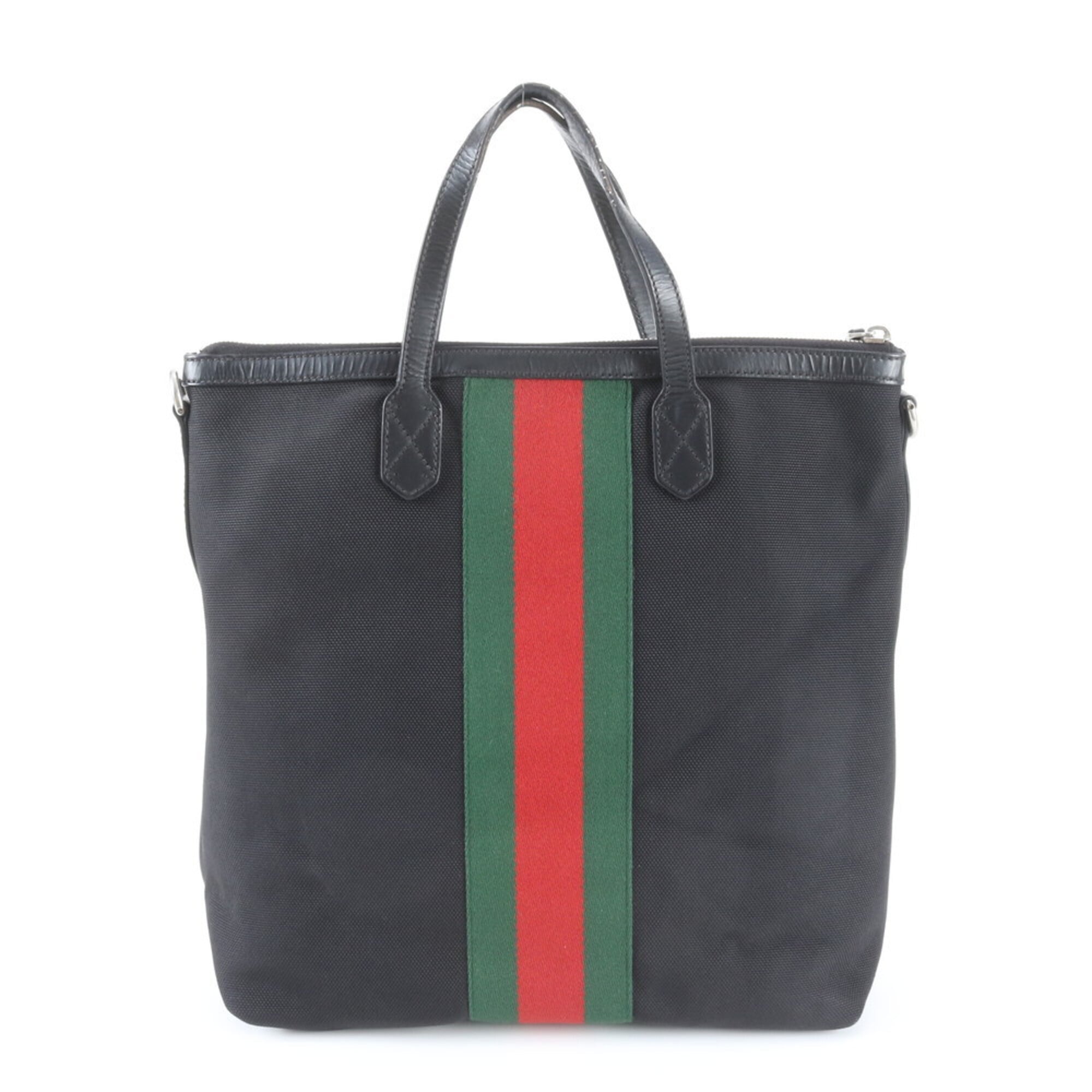 Gucci Sherry Line Black Leather Canvas Handbag (Pre-Owned)