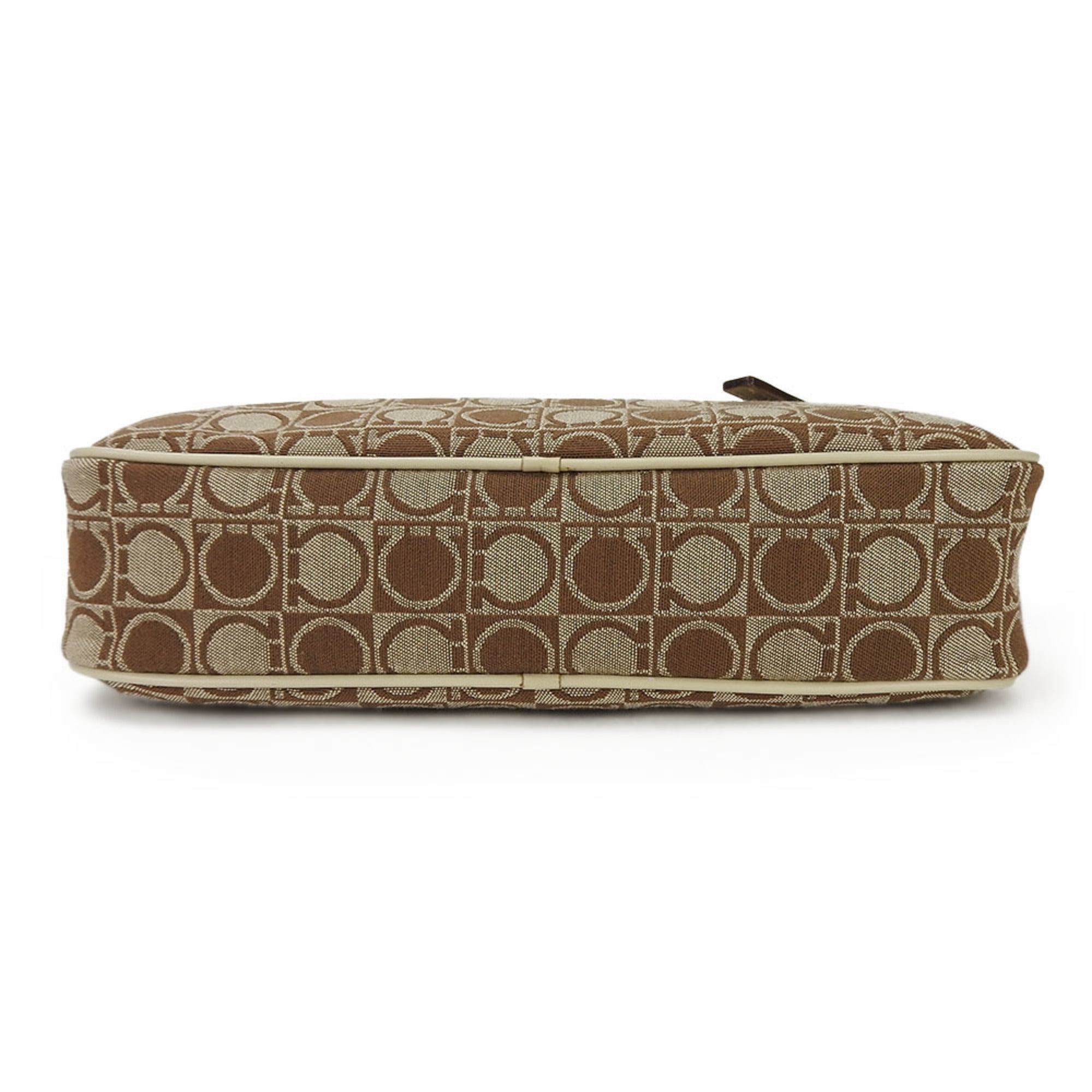 Salvatore Ferragamo Gancini Beige Brown Canvas Leather Shoulder Bag (Pre-Owned)