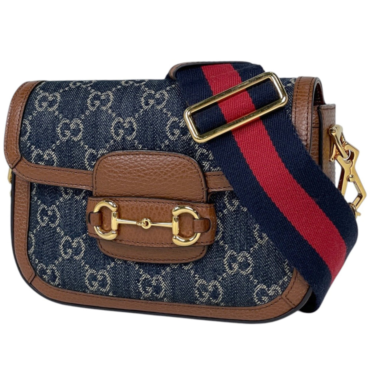 Gucci Horsebit Blue Brown Denim Leather Shoulder Bag (Pre-Owned)
