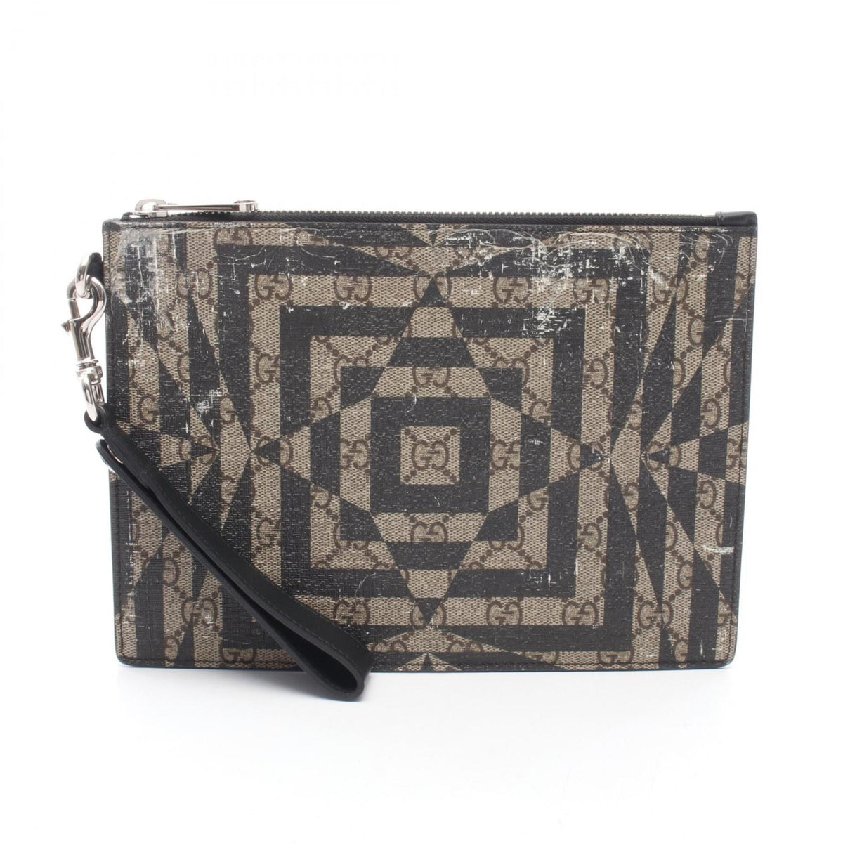 Gucci Beige Black Brown Coated Canvas Leather Clutch Bag Handbag (Pre-Owned)