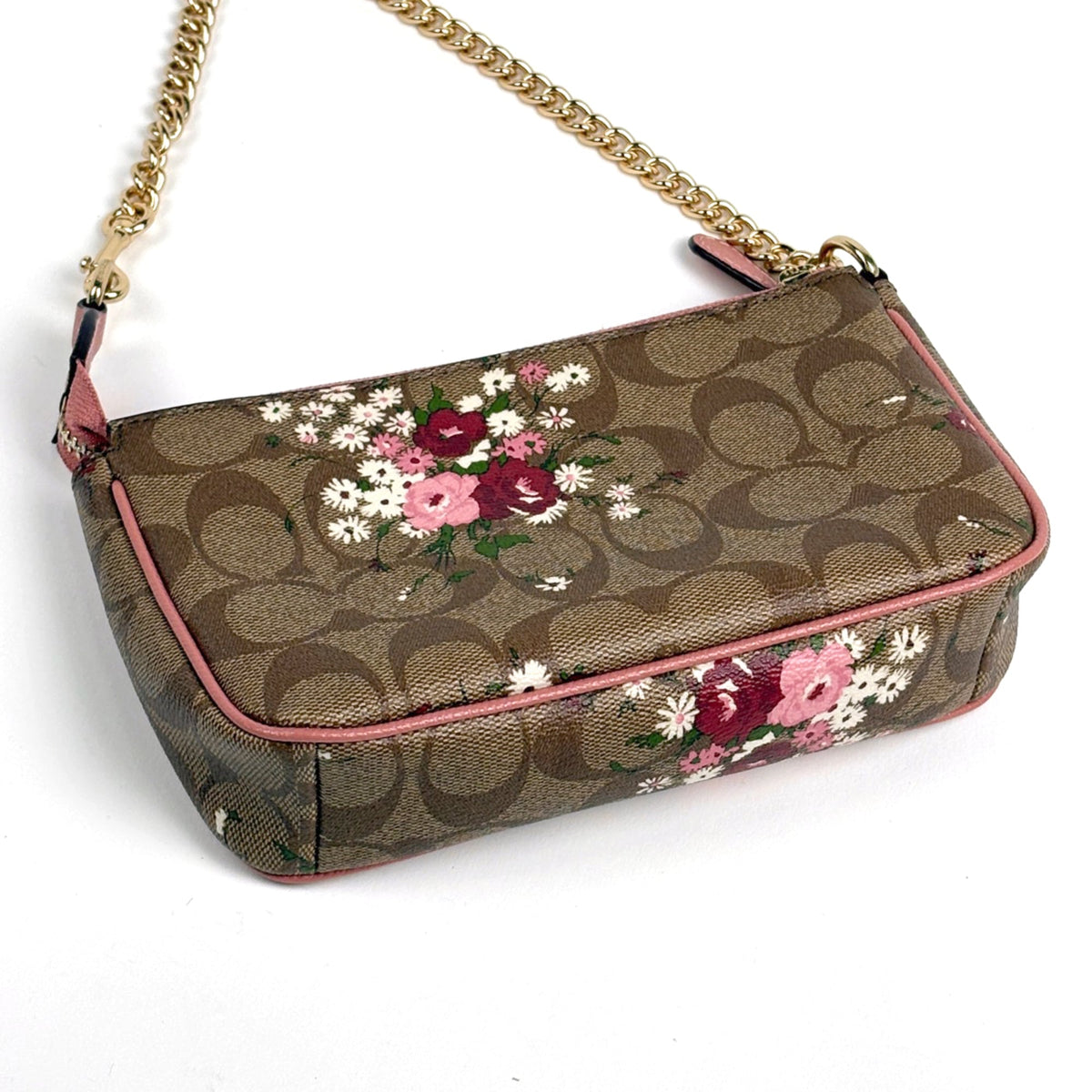 Coach Signature Brown Pink Coated Canvas Leather Handbag Pouch (Pre-Owned)