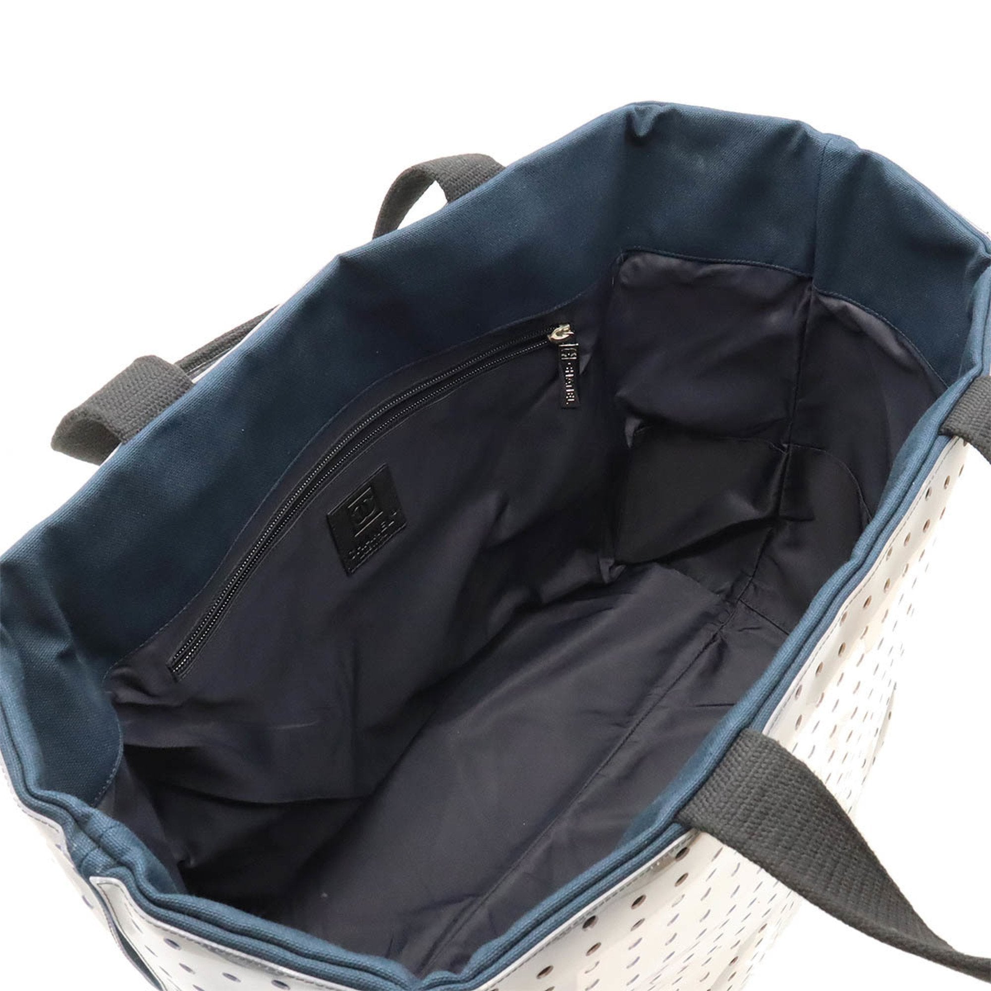 Chanel Navy White Vinyl Canvas Tote Bag (Pre-Owned)