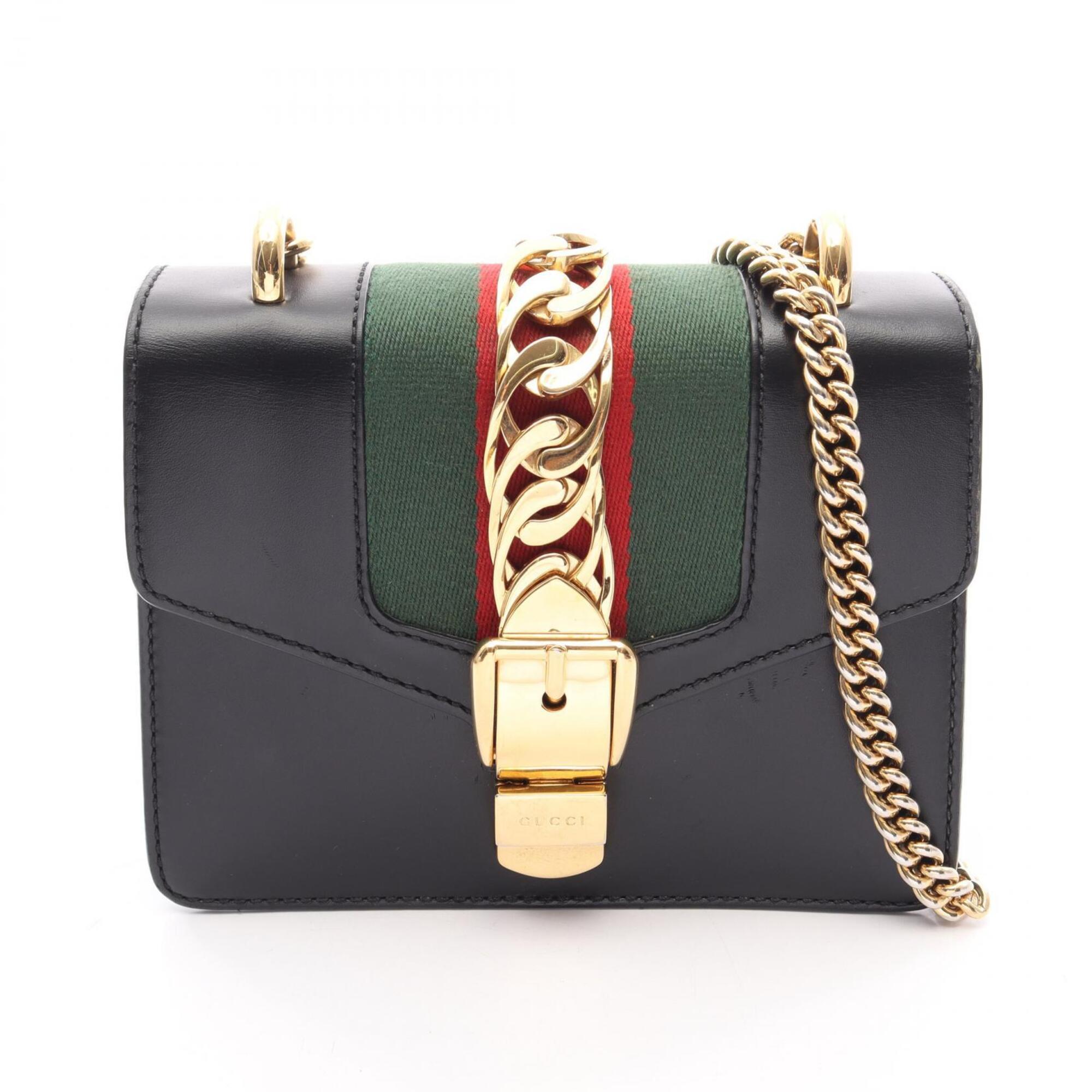 Gucci Black Green Red Color Leather Handbag Shoulder Bag (Pre-Owned)