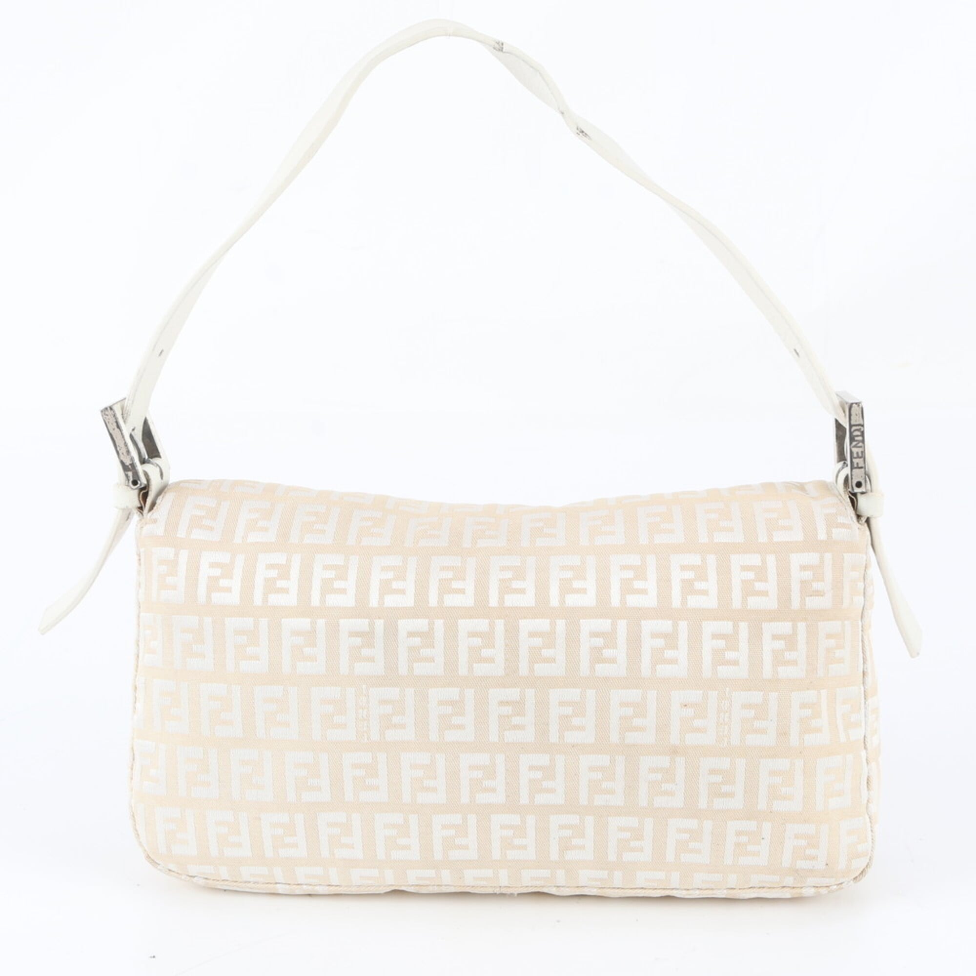 Fendi White Leather Canvas Handbag Shoulder Bag Tote Bag (Pre-Owned)