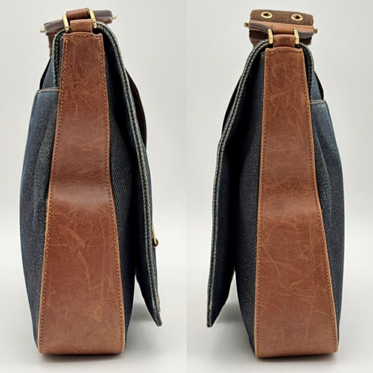 Christian Dior Brown Navy Denim Leather Shoulder Bag (Pre-Owned)
