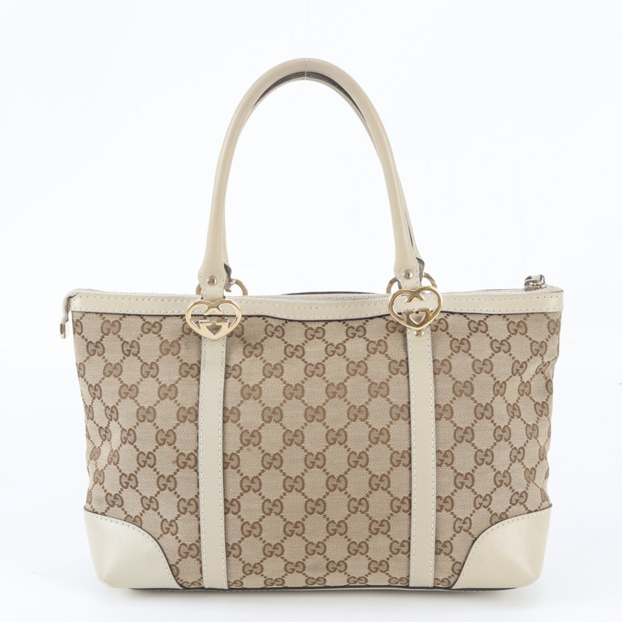 Gucci Beige Brown Leather Canvas Handbag Shoulder Bag Tote Bag (Pre-Owned)