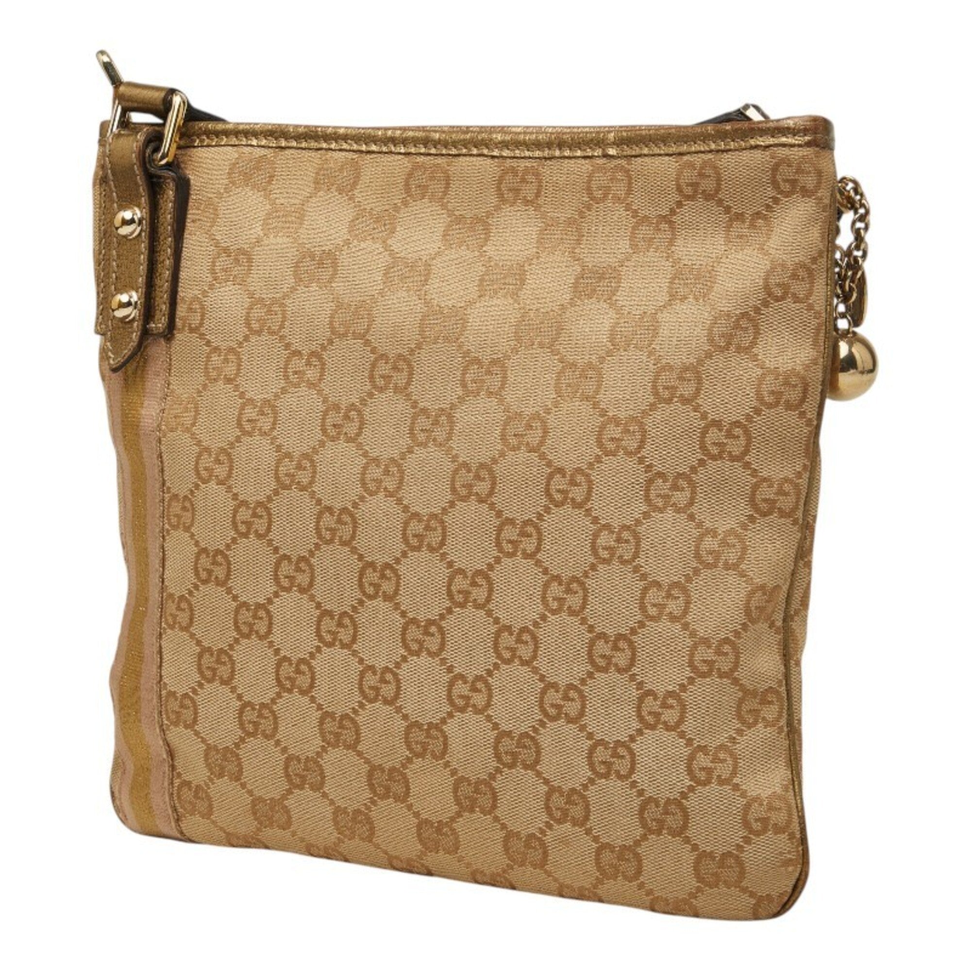 Gucci Beige Gold Pink Canvas Leather Shoulder Bag (Pre-Owned)