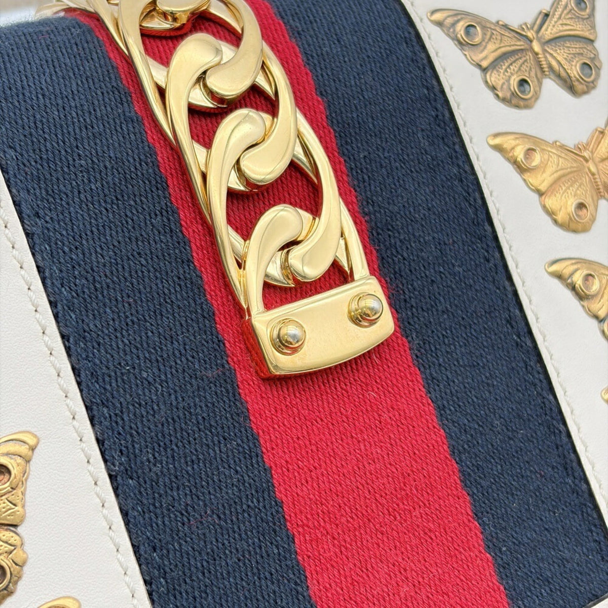 Gucci Navy Red Color White Leather Canvas Metal Handbag Shoulder Bag (Pre-Owned)