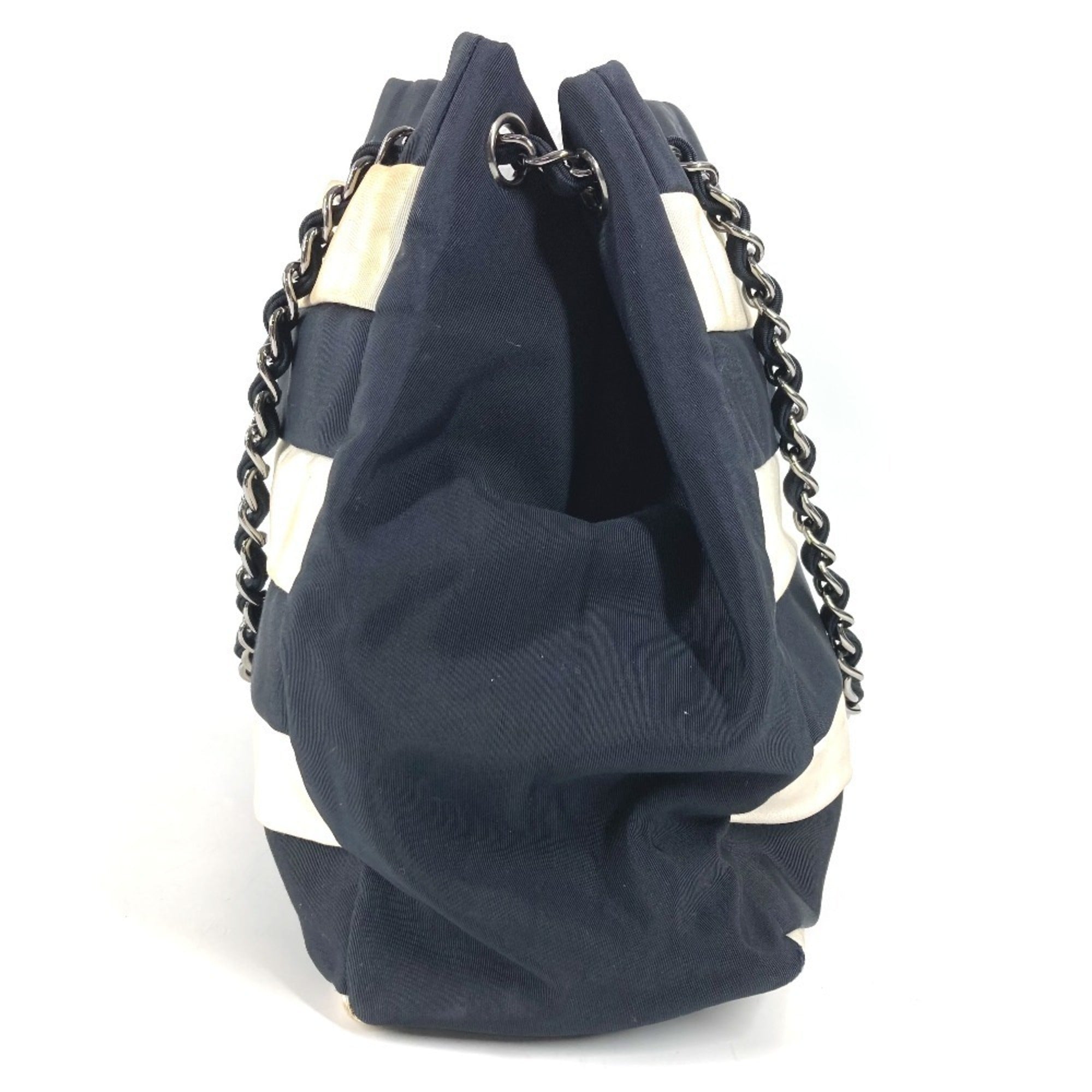 Chanel 2.55 Black White Nylon Canvas Shoulder Bag Tote Bag (Pre-Owned)