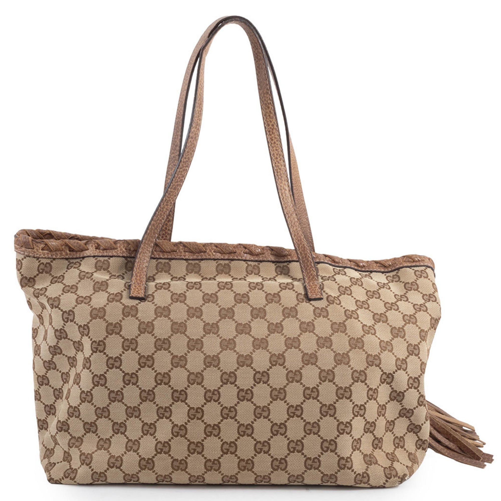 Gucci Gg Canvas Beige Brown Gg Canvas Leather Tote Bag (Pre-Owned)