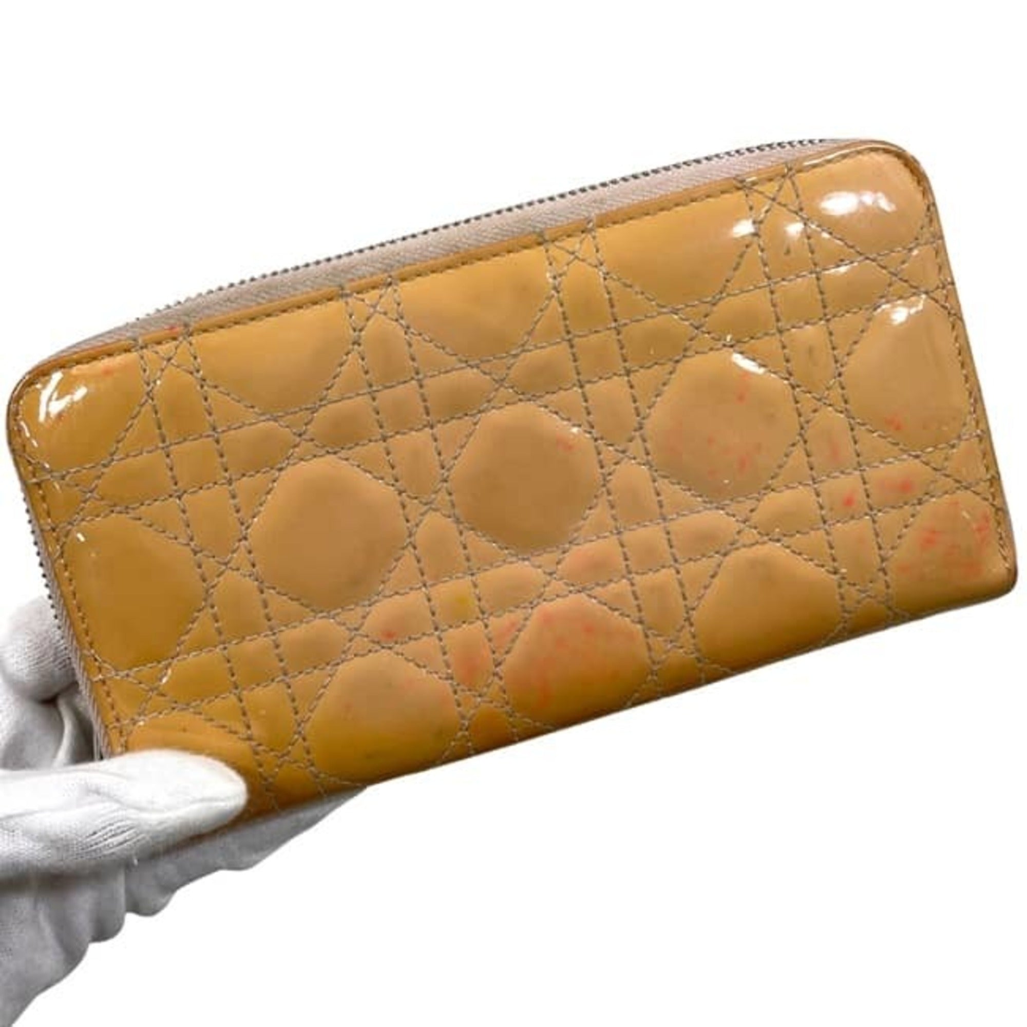 Christian Dior Beige Orange Patent Leather Leather Long Wallet (Bi-Fold) (Pre-Owned)