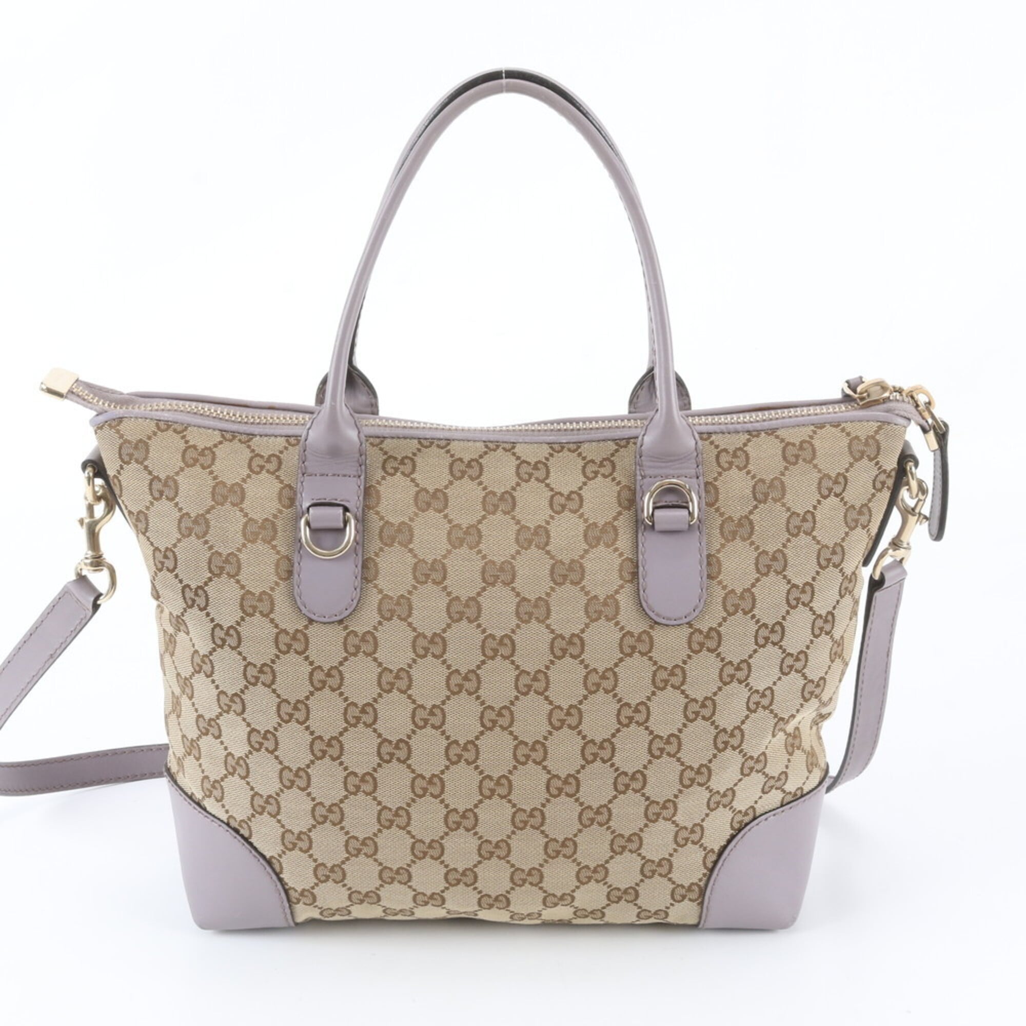Gucci Beige Purple Leather Canvas Handbag Shoulder Bag Tote Bag (Pre-Owned)