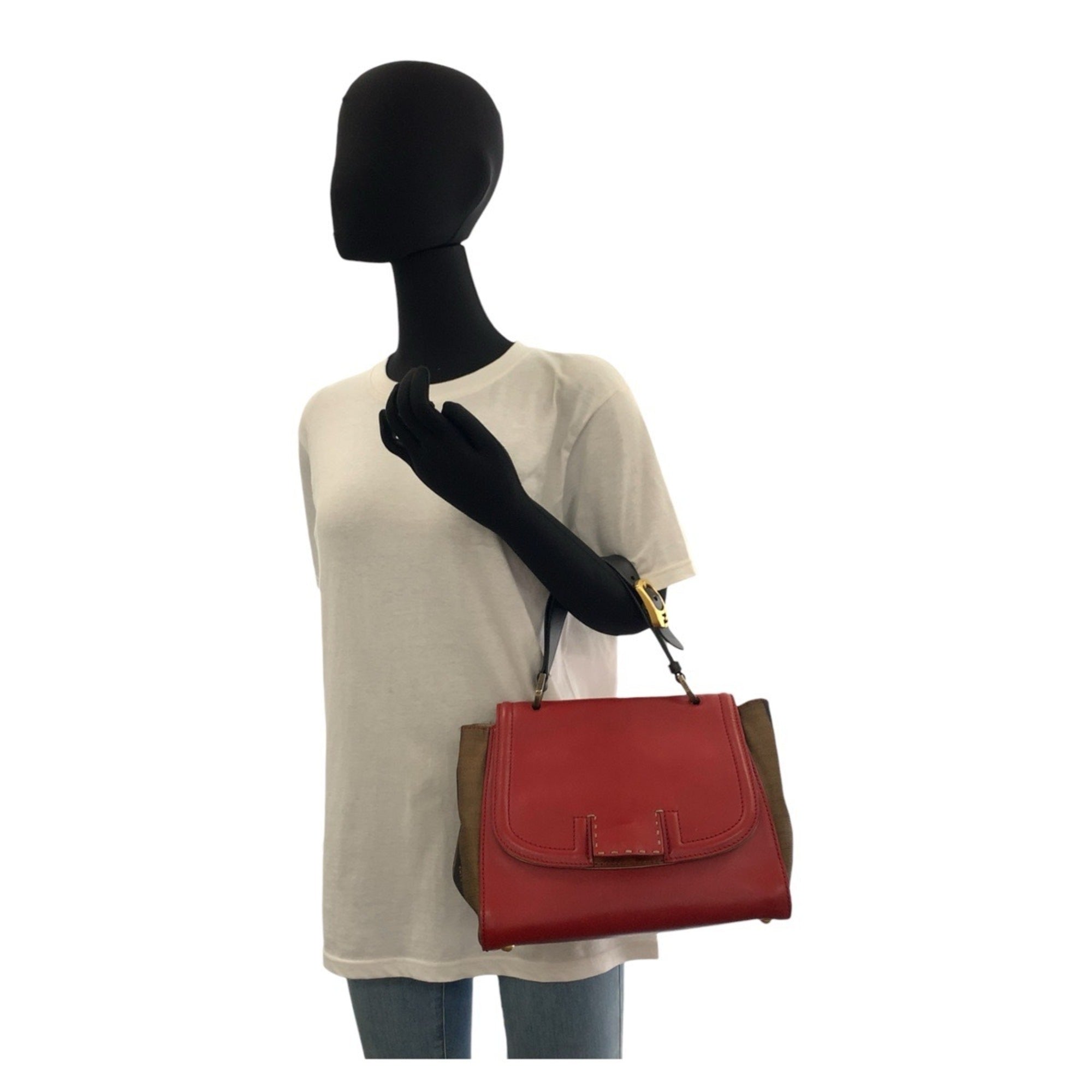 Fendi Brown Red Color Leather Canvas Handbag Shoulder Bag (Pre-Owned)
