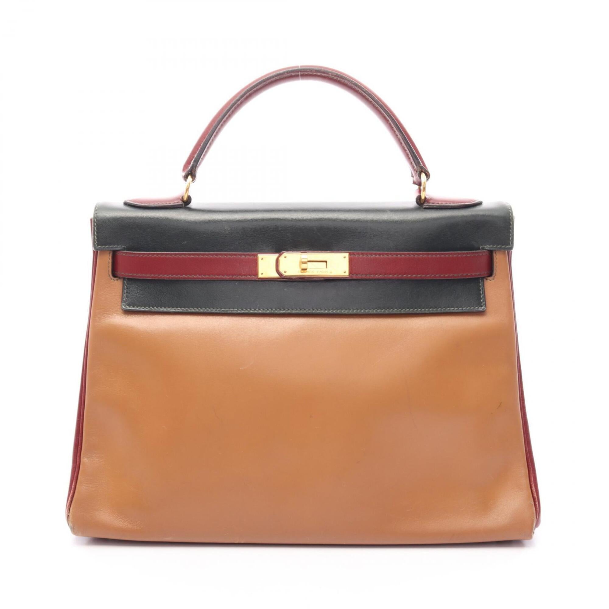 Hermes Bordeaux Brown Green Natural Rouge H Box Calf Leather Handbag (Pre-Owned)