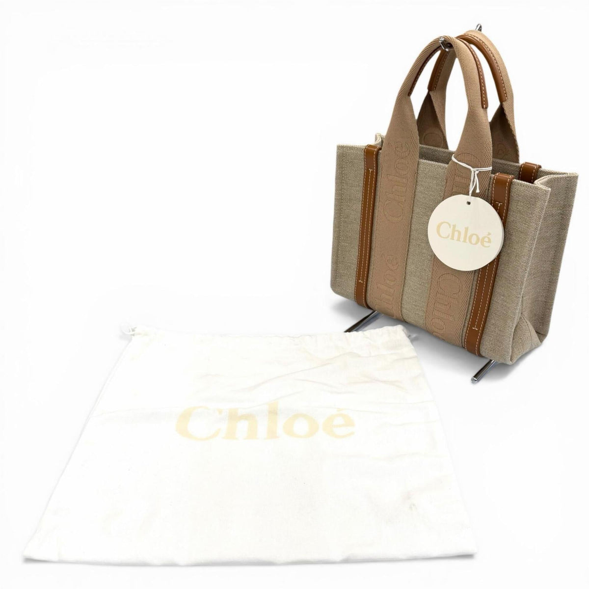 Chloé Beige Leather Linen Handbag Tote Bag (Pre-Owned)