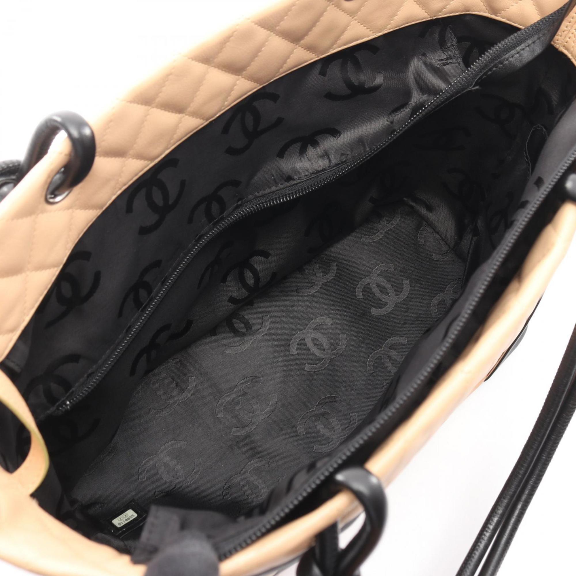 Chanel Beige Black Leather Handbag Tote Bag (Pre-Owned)